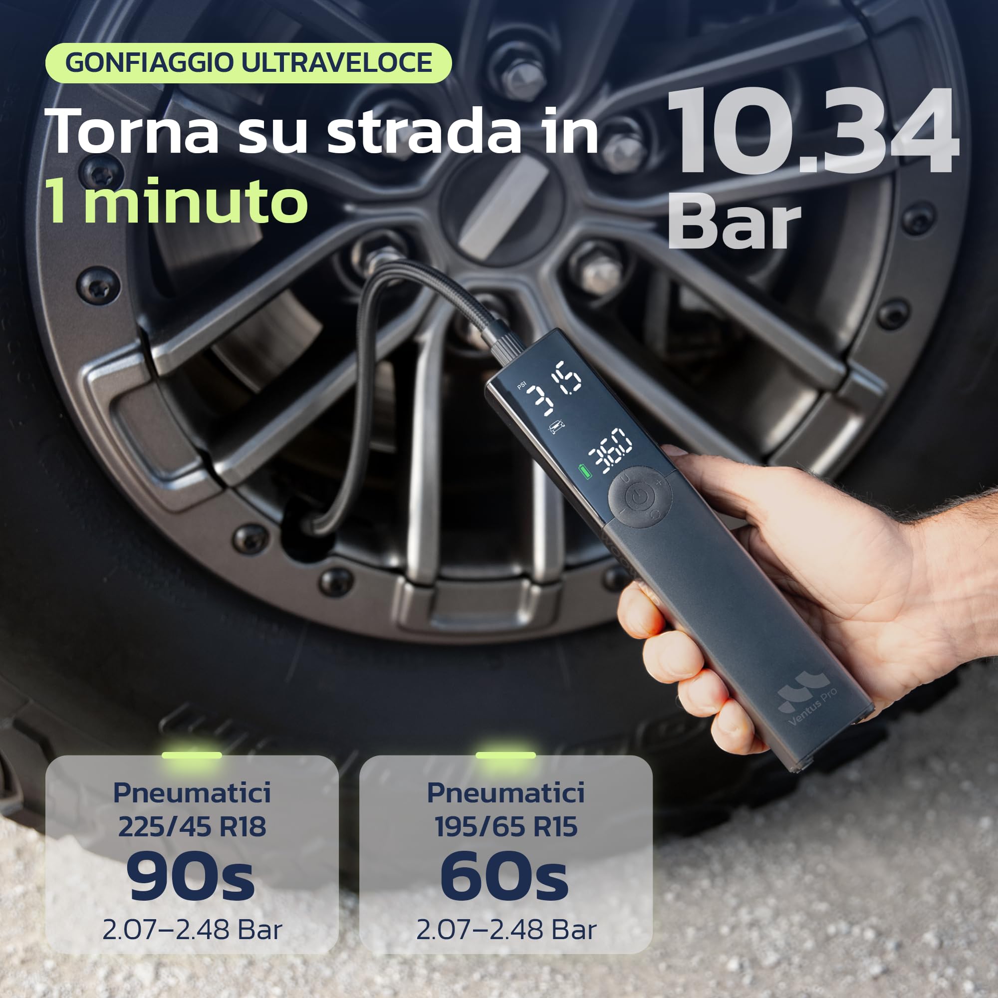 Woowind Compressore Aria Portatile Auto Premium, Gonfia Gomme Auto, 2X Più Veloce, 150PSI, Mini Compressore Portatile, Utilizzo Senza Fili o Con Cavo 12V, per SUV e Pickup, Spegnimento Automatico