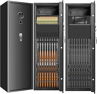 11-12 Large Biometric Gun Safes for Home Rifle and Pistols, Heavy Duty Anti-Theft Gun Safes for Rifles and Shotguns, Biometric Rifle Safe with Removable Gun Rack, LED Light and Pistol Pockets - LIONSEN