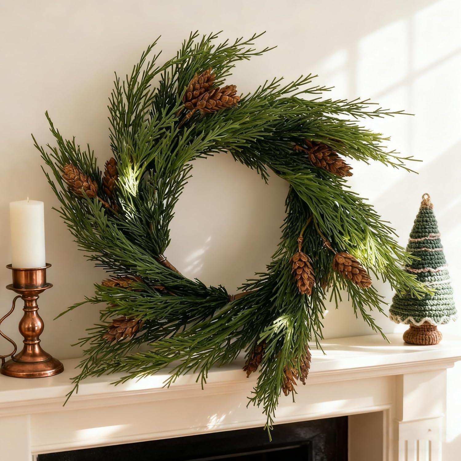 2Pcs 15inch Artificial Dragon Cypress & Norfolk Island Pine Wreaths & Candle Rings - Front Door Decor, Indoor & Outdoor Holiday Ornaments, Xmas Decorations