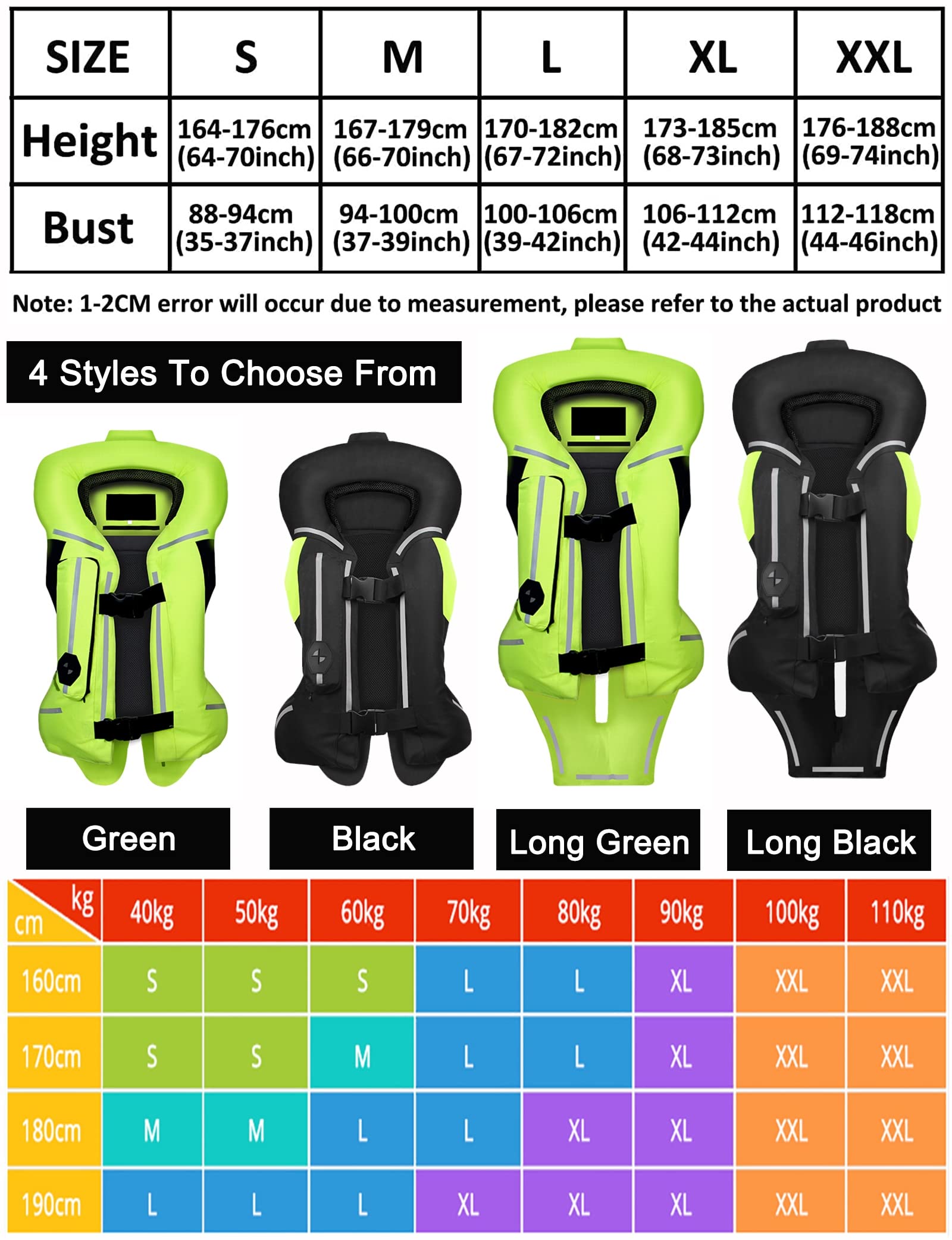 Gilet Airbag per Motociclo e Equitazione per Uomini e Donne Adulti, Motocross Meccanico con Schiena Armatura, ,Long black,L