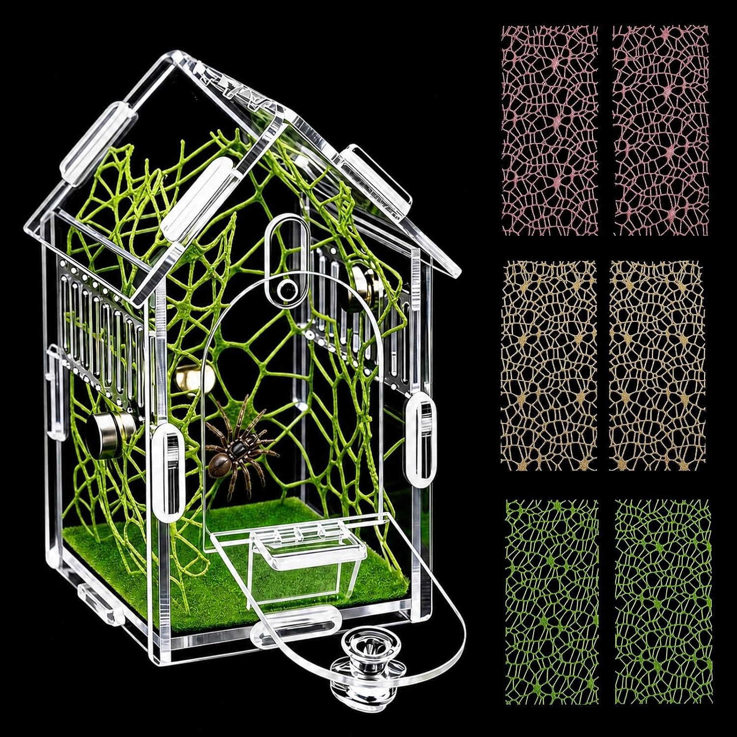 Jumping Spider Enclosure, Transparent Acrylic Habitat with Escape-Proof Magnetic Door & Cross Ventilation, Complete Starter Kit with Decor Accessories for Mantis, Tarantula, Insect Bug Cage