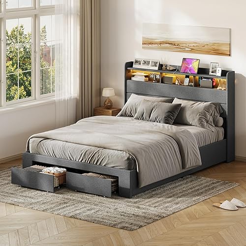 Vista 3 de Cama de almacenamiento elevable de tamaño matrimonial, cabecera de almacenamiento iluminada RGB con estación de carga, marco de cama matrimonial