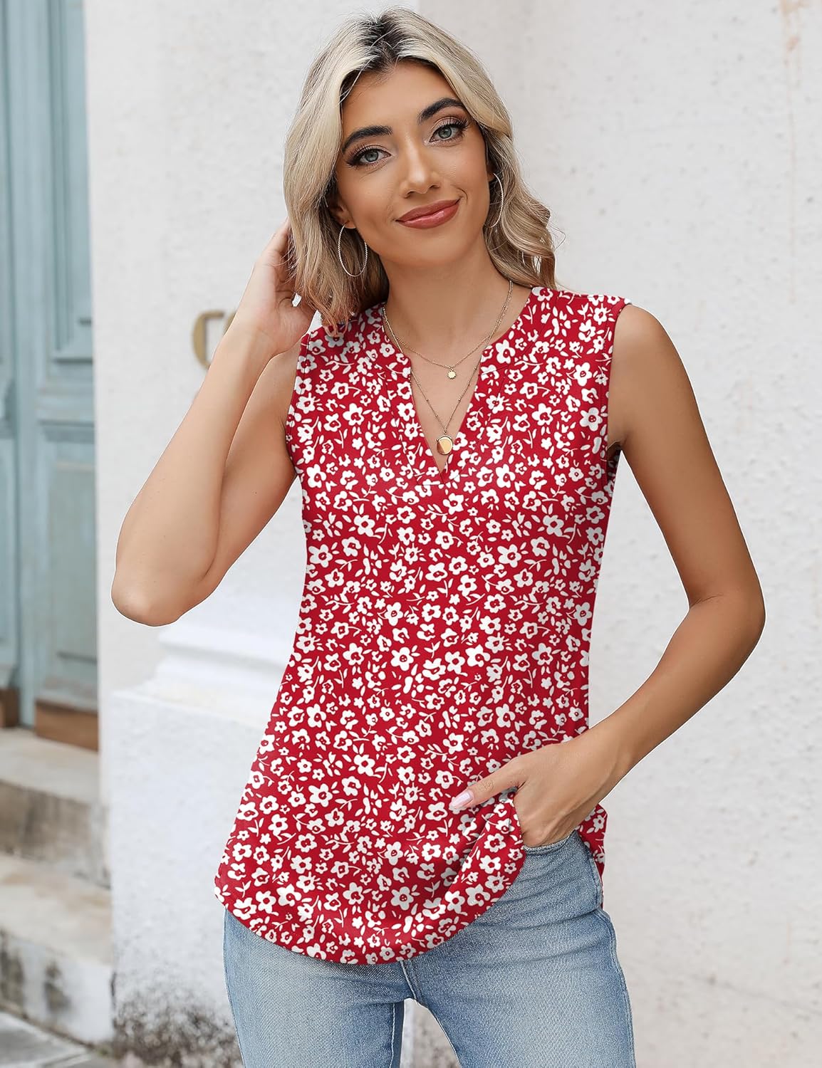 Romanstii Sleeveless Shirts for Women Casual Summer V Neck Tank Tops Dressy Blouses Tunic - Image 3
