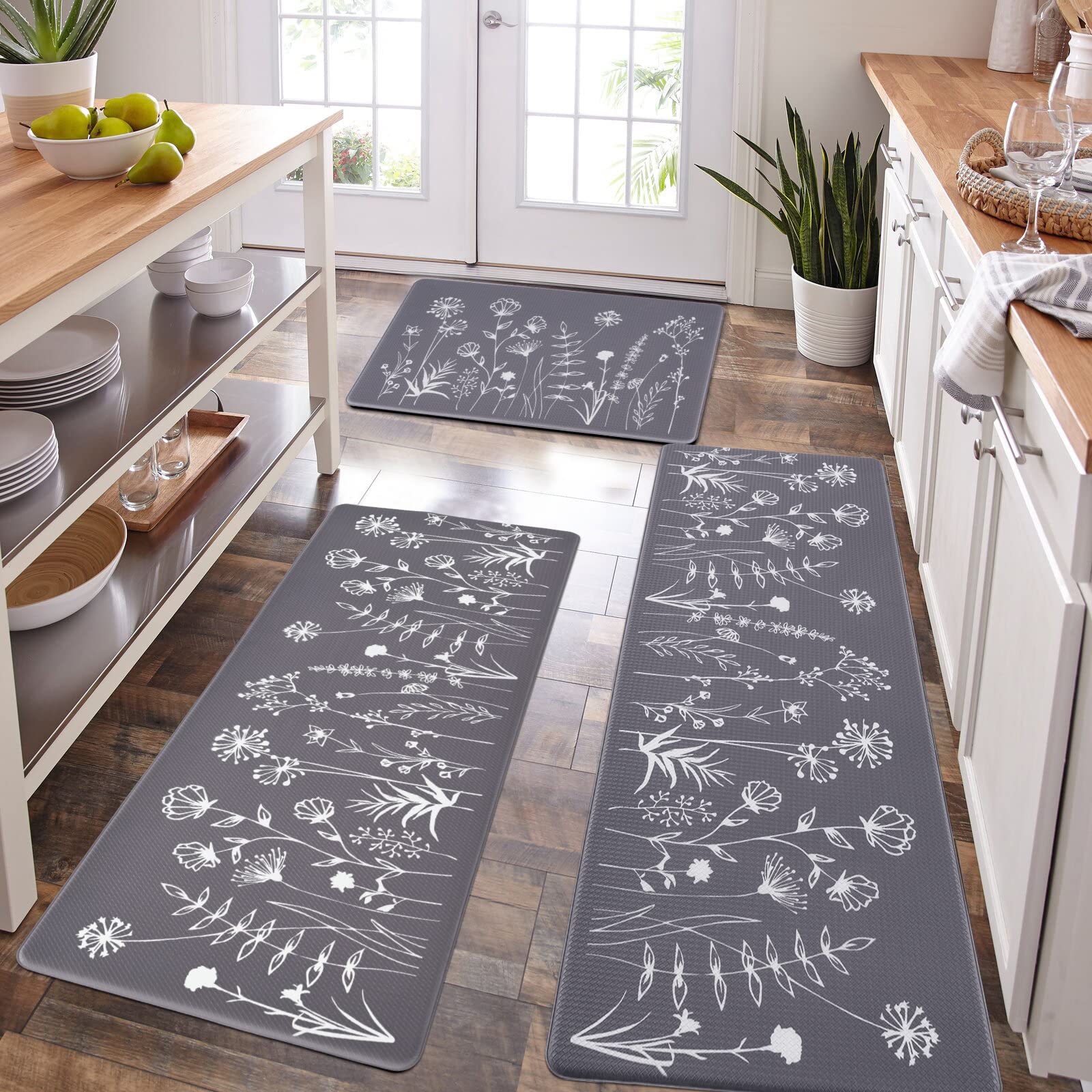 ASPMIZ Tappetino da cucina con motivo floreale, 3 pezzi, imbottito, anti-fatica, antiscivolo, in memory foam, impermeabile, per pavimento della cucina, 45,7 x 76,7 cm + 45,7 x 119,7 cm + 45,7 x 152,7