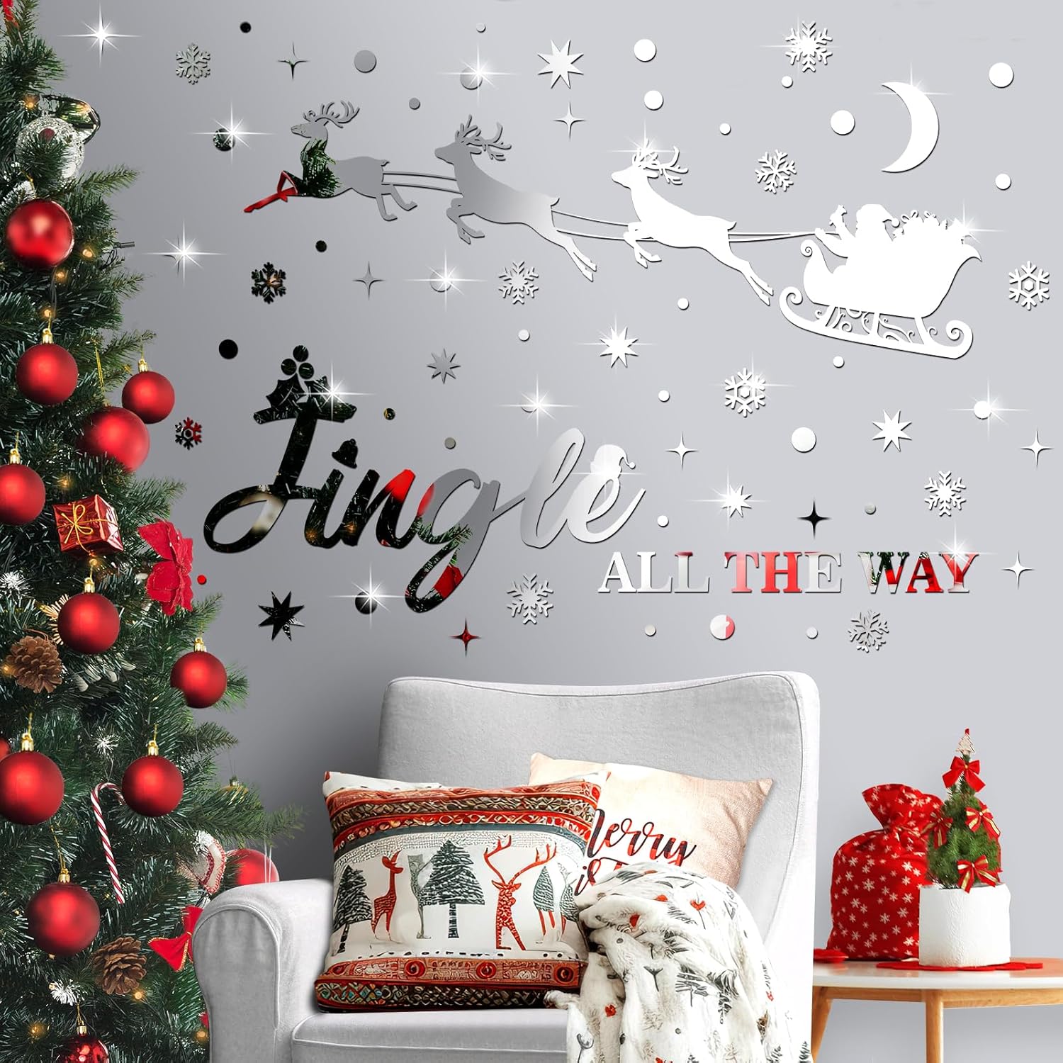 Christmas Mirror Wall Decals Acrylic Mirror Reindeer Santa