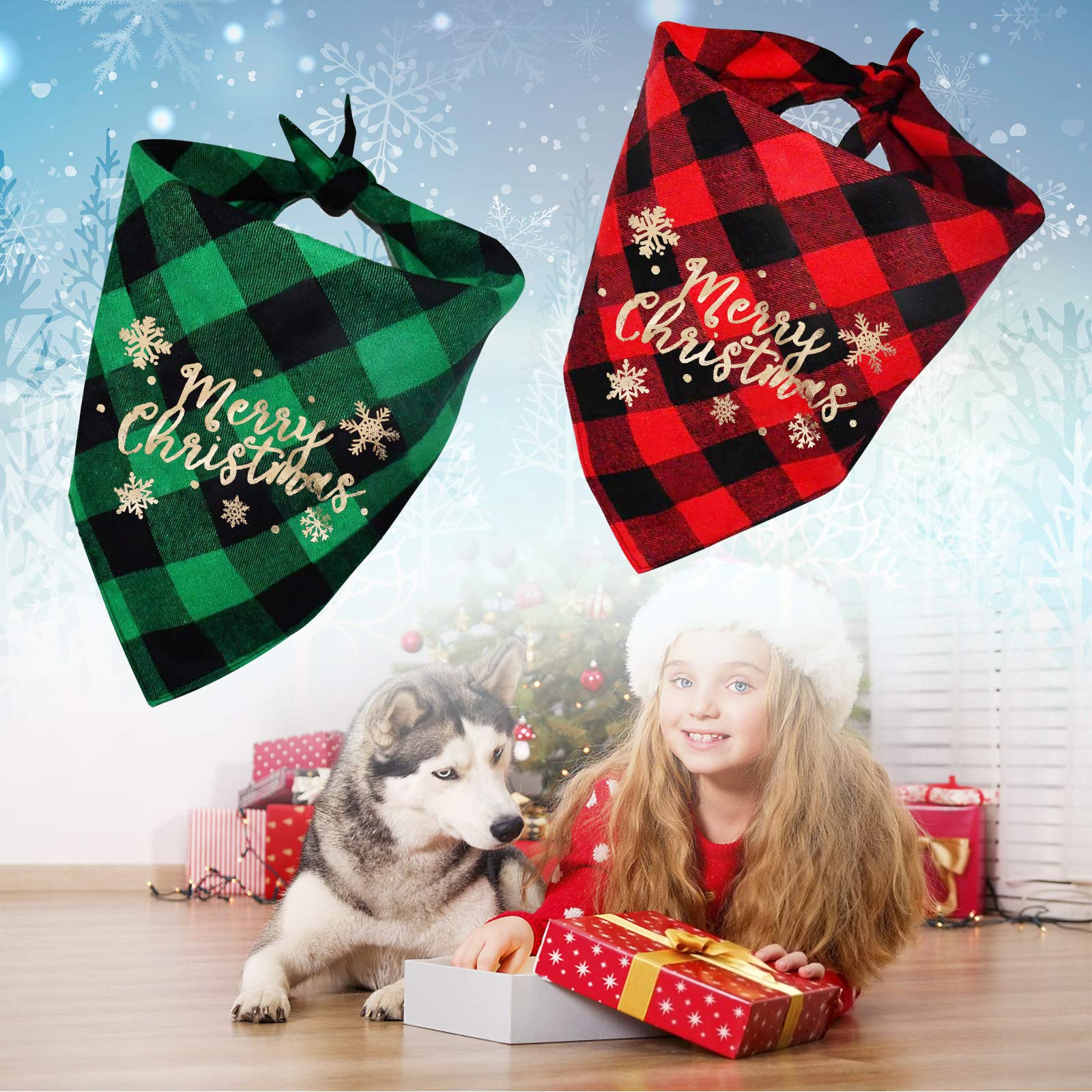 Confezione Da 2 Bandane Natalizie Per Cani – Modello Plaid Con Scritta Merry Christmas, 100% Cotone, Adatto Per Taglia Media E Grande