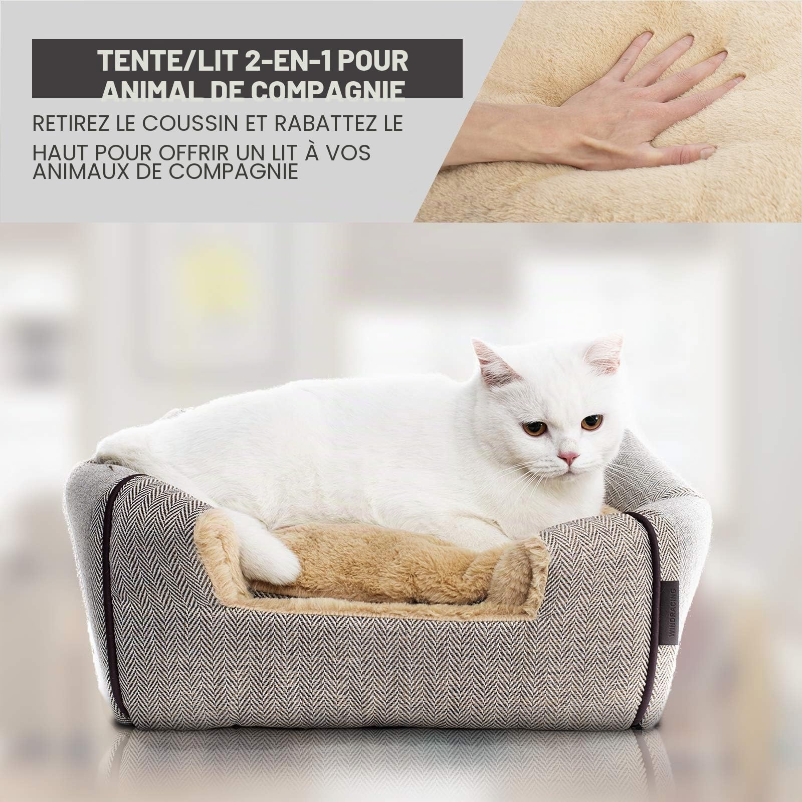 Lit niche pour chat d’intérieur avec coussin amovible lavable rembourré, lit doux et auto-chauffant pour chat