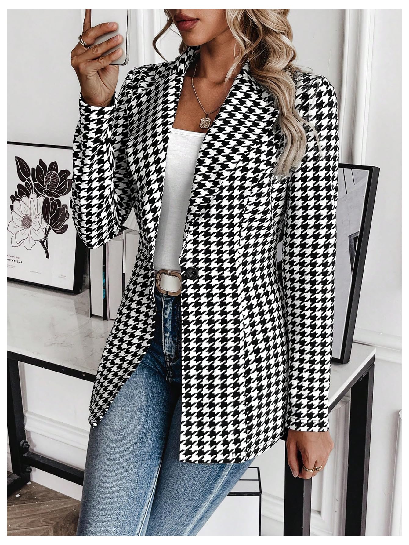 GORGLITTER Women's Houndstooth Long Sleeve Button Blazer Jackets Trendy Open Front Casual Business Work Office Blazers