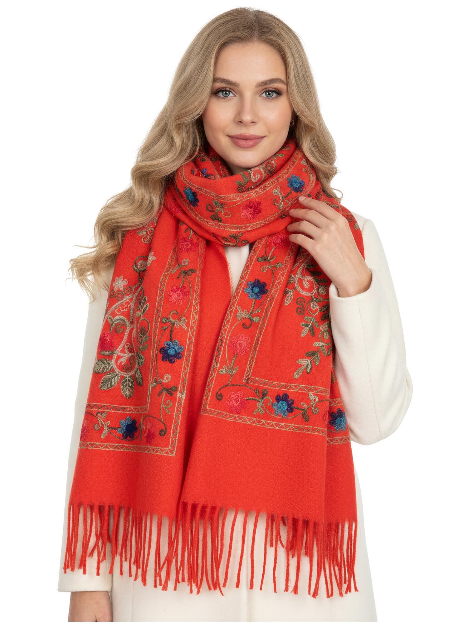 Women Pashmina Scarf Shawl Wrap, Large Long Paisley Floral Rainbow Ladies Scarves, Wearable Winter Blanket Scarfs, Indian Shawl Wedding Evening Stole, Cashmere & Cotton (Orange Rainbow Floral)