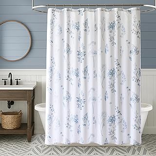 Light Blue and White Coastal Floral Shower Curtain,Waterproof Cute Grand...