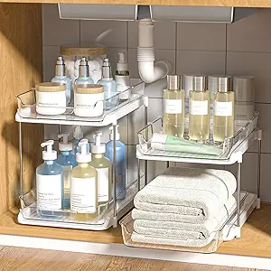 Delamu 2 Sets of 2-Tier Multi-Purpose Bathroom Under Sink Organizers and Storage, Stackable Kitchen Pantry Organization, Pull Out Medicine Cabinet Organizer with 8 Movable Dividers, White