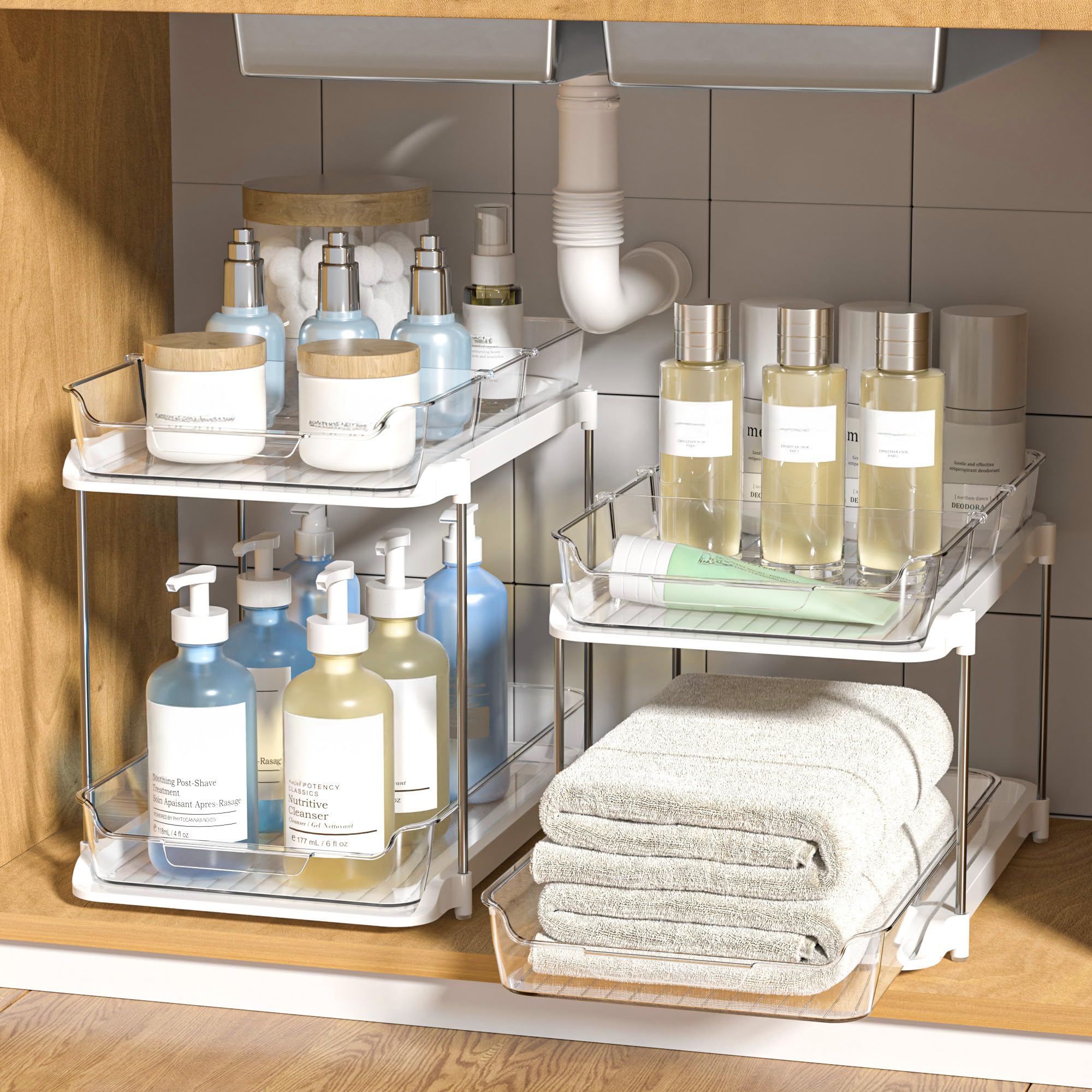 Delamu 2 Sets of 2-Tier Multi-Purpose Bathroom Under Sink Organizers and Storage, Stackable Kitchen Pantry Organization, Pull Out Medicine Cabinet Organizer with 8 Movable Dividers, White