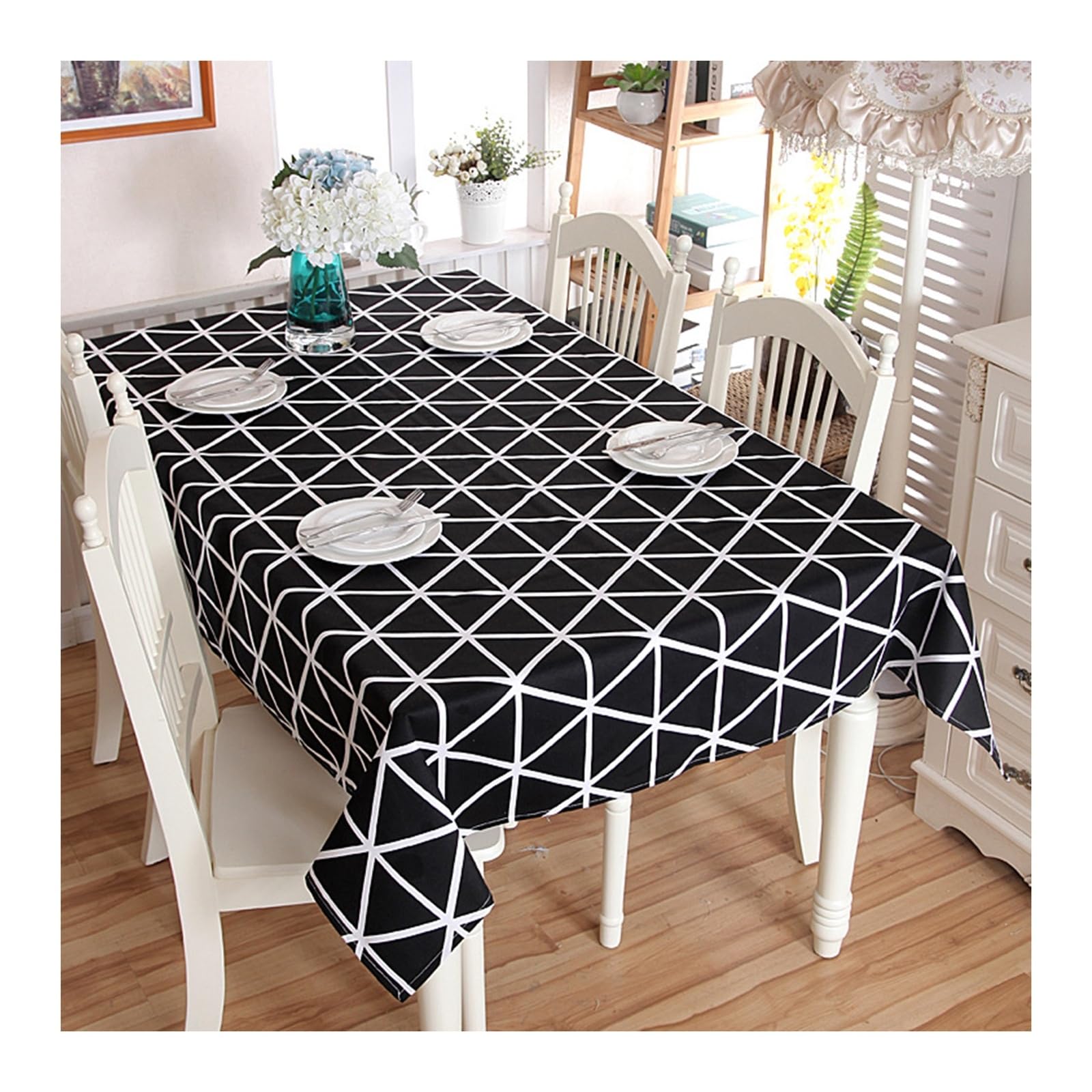 Nappe 140x240cm en coton avec motifs triangles noir chic KnSam