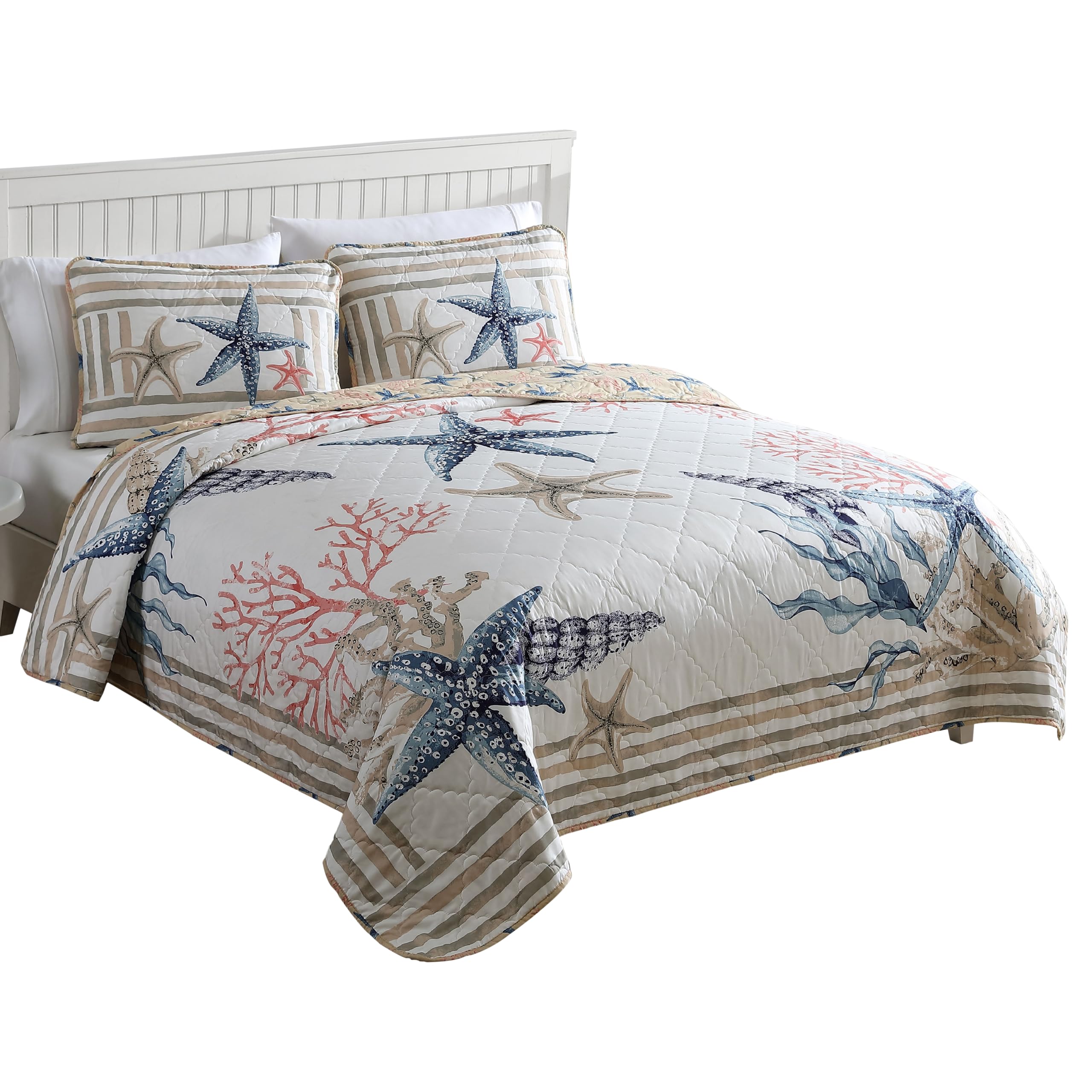 Parure de lit 3 pièces thème brise marine et algue en tissu polyester thermorégulateur