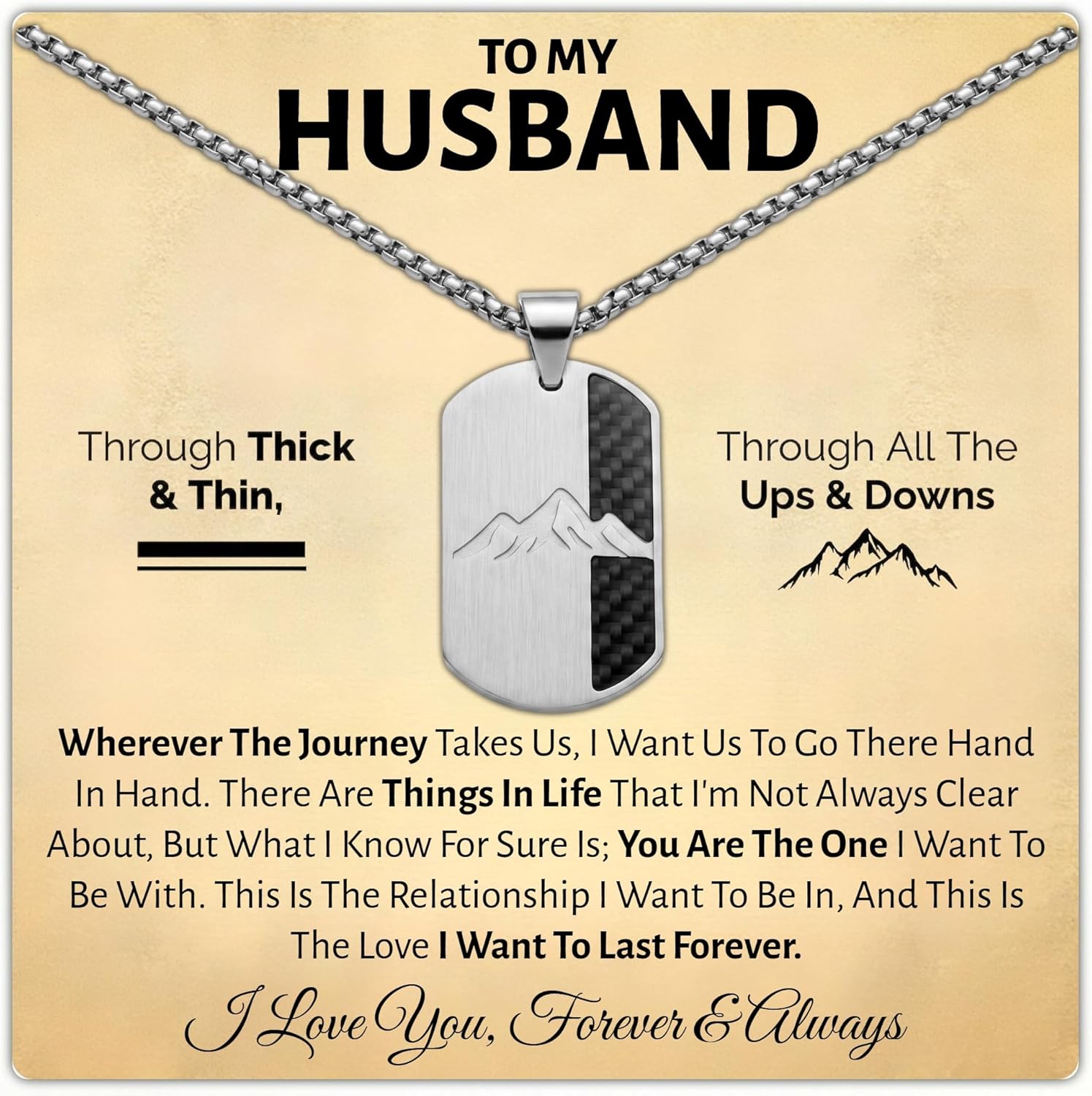 Love You This Much Through Thick and Thin Dog Tag Necklace for Husband | Genuine Carbon Fiber & 316L Surgical Steel | Birthday Gift for Husband | 22.5" Chain Length with Luxury Gift Box