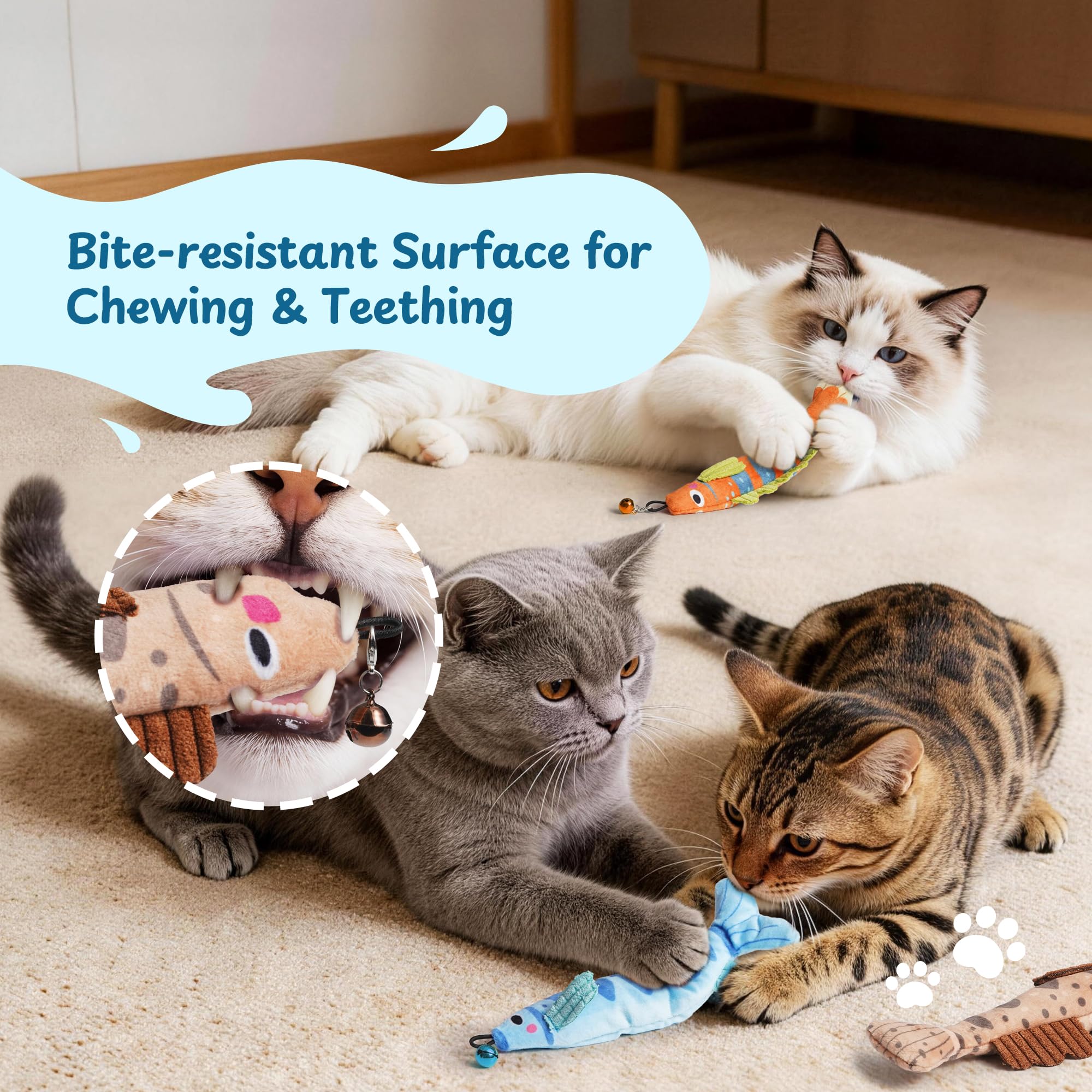 PURETOY Katzenminze-Spielzeug, extra großes Spielzeug für Indoor-Katzen mit abnehmbarer Glocke, 100% natürliche nordamerikanische Katzenminze, Schlenkerfisch, Katze, Knistergeräusch und weiche