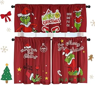 Christmas Kitchen Curtain Valances Winter Holiday Festive Small Window Decoration, Red and Green Farmhouse Xmas Design, 52x18inchx1, 26x36inchx2, 3 Panel, Rod Pocket