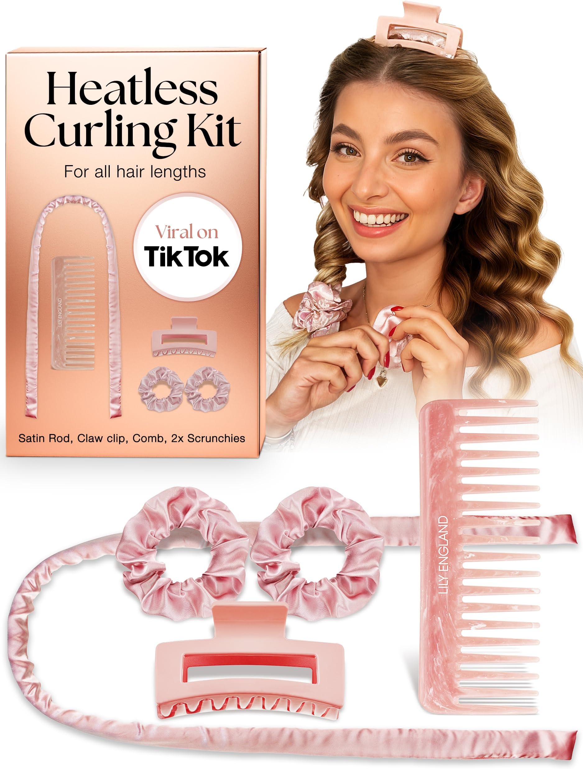 Heatless Hair Curlers to Sleep In - No Heat Curling Gift Set Includes Satin Headband, Hair Clip, Comb & 2 Scrunchies - Sleek & Smooth Overnight Curls (Pink, 5 Pack)