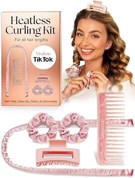 Lily England Detangle Hair Brush for Curly Hair, Straight, Dry & Wet Hair with Heatless Curlers Gift Set, Curler Headband, Curls for Long & Short - Girls Pink, 6Pcs
