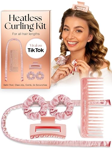 Lily England Heatless Hair Curlers to Sleep In - No Heat Curling Gift Set Includes Satin Headband, Hair Clip, Comb & 2 Scrunchies - Sleek & Smooth Overnight Curls (Pink, 5 Pack)