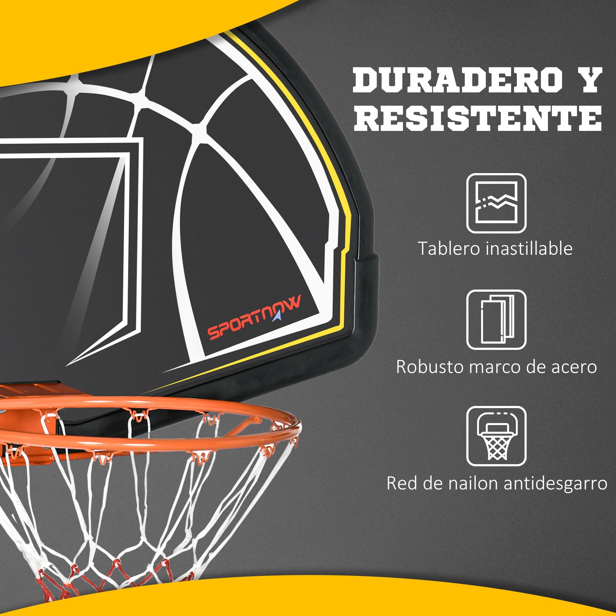 SPORTNOW Canasta de Baloncesto de Pared para Interior y Exterior - Tablero y Aro 110x90x70 cm Negro y Amarillo
