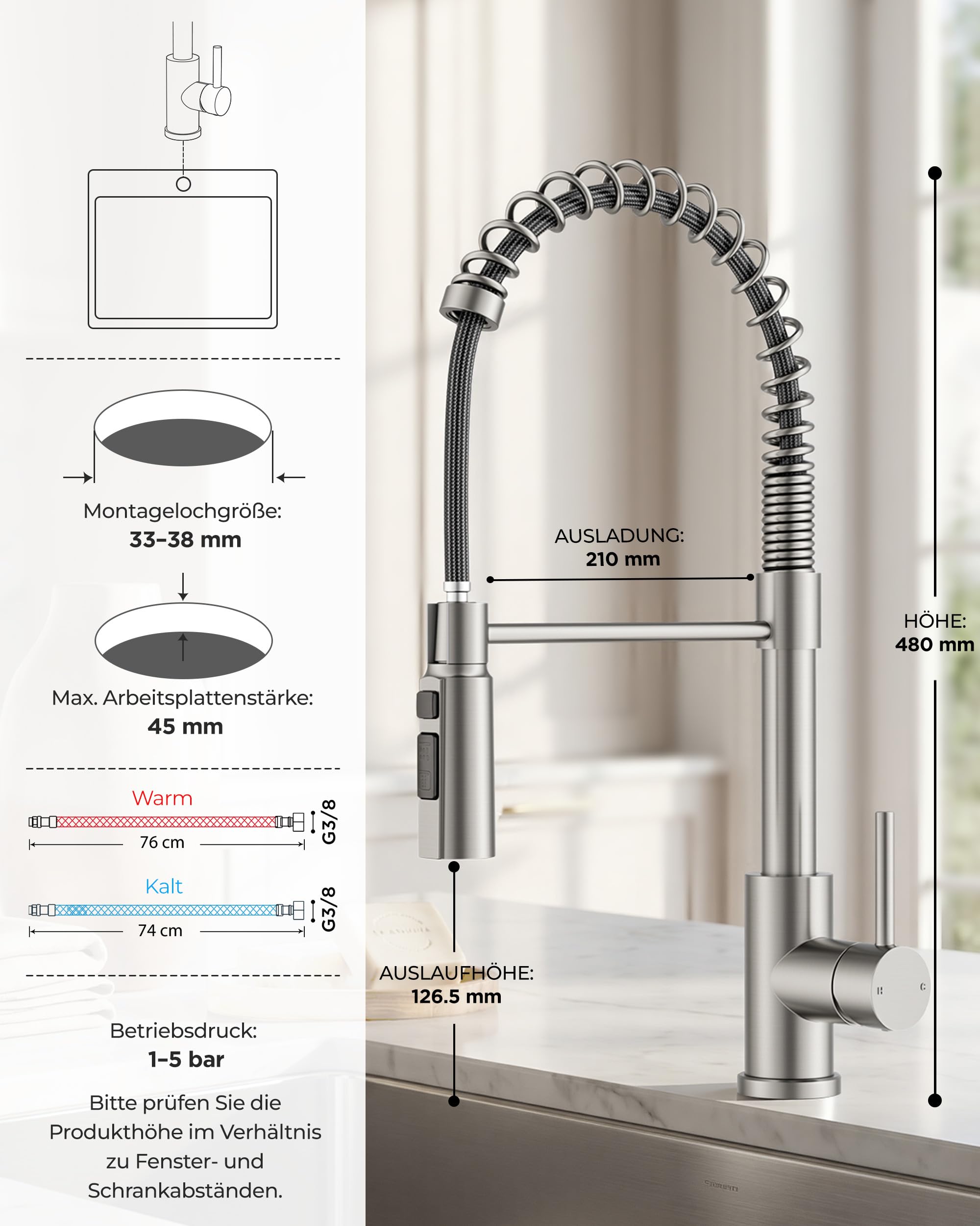 FORIOUS Wasserhahn Küche, Ausziehbare Küchenarmatur, Einhebel-Mischbatterie Küche mit 3 Strahlfunktionen, 360° Drehbare Federbelastete Spültischarmatur, Edelstahl