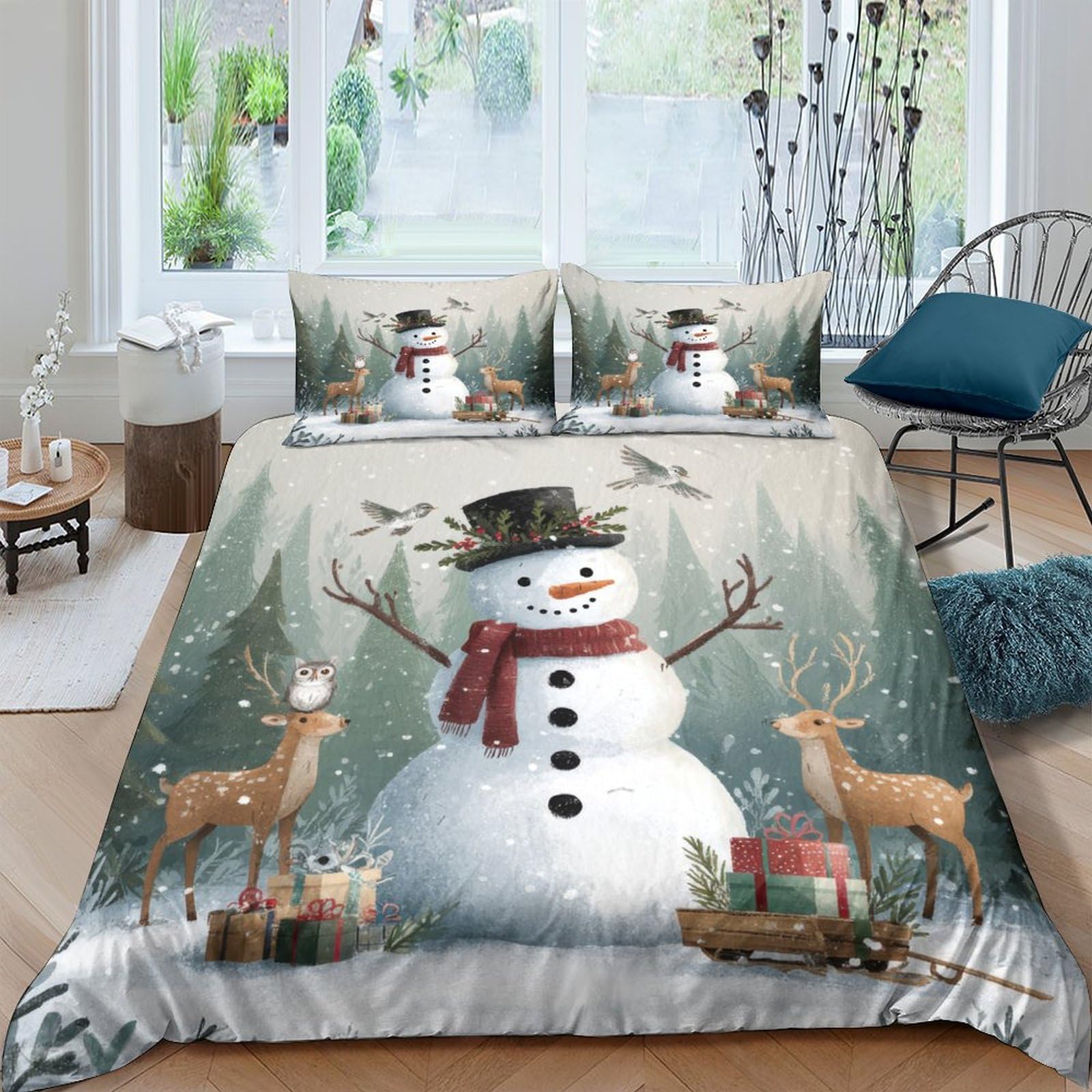Ctjqhvkz Style-5 3D Printed Snowman Winter Forest Fitted Sheet Microfiber Soft Christmas Deer Bed Cover For Bedroom Guest Room Single（135X200cm）