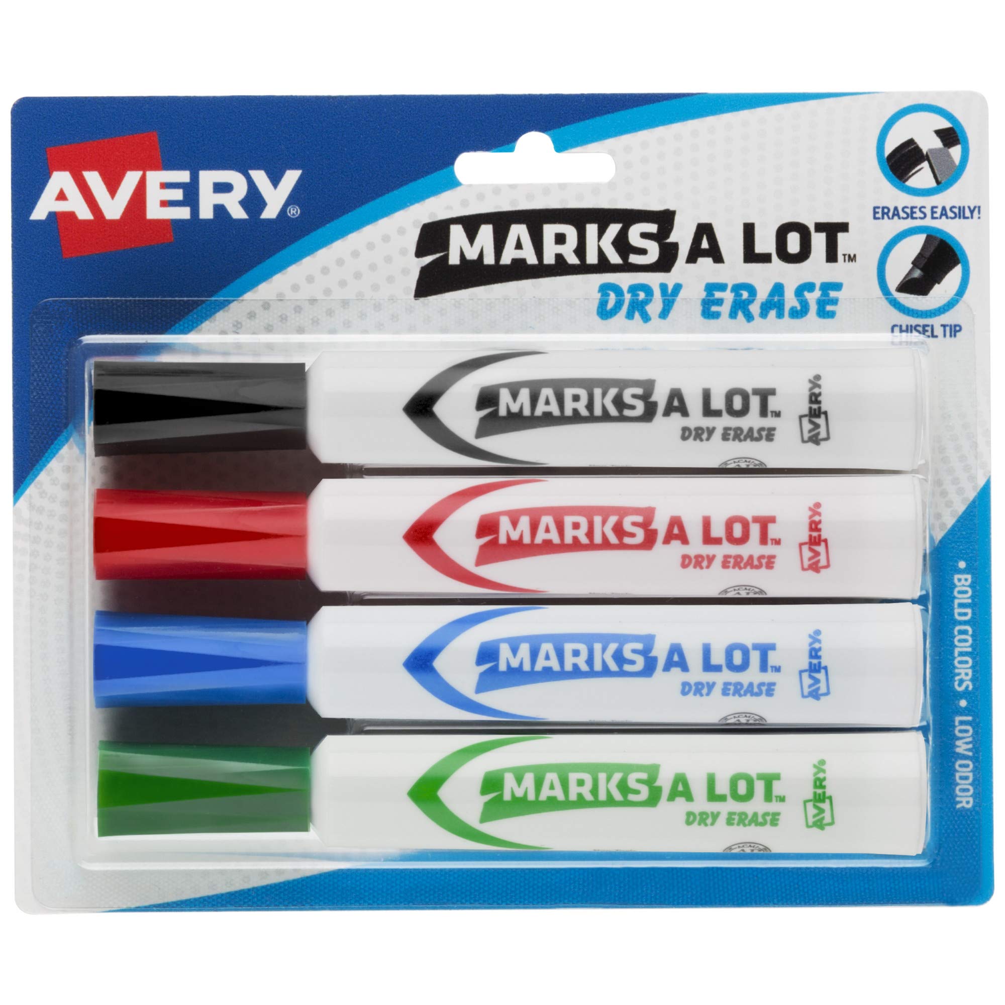Avery Marks A Lot Dry Erase Markers, Low Odor White Board Markers with Chisel Tip, 4 Assorted Colors (24409)