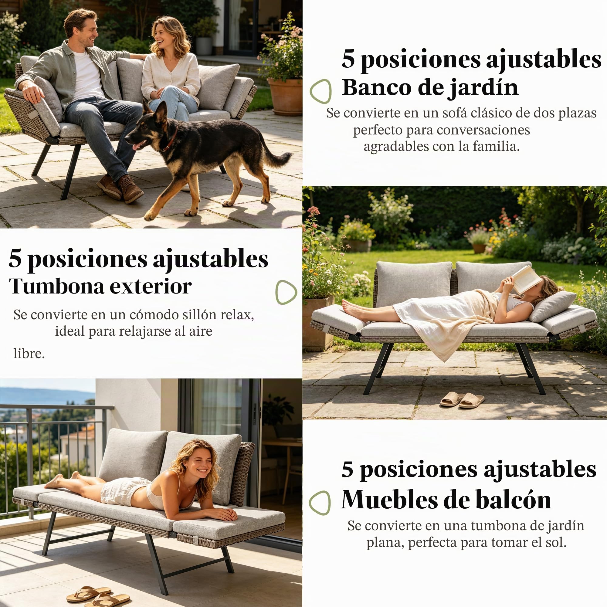 Fiutazge Sofá de Jardín de Rattan,2 Plazas con Reposabrazos Regulables,Convertible en Cama de Día,Sofa Terraza Exterior con Cojines Gruesos para Balcón,Terraza y Porche,Beige