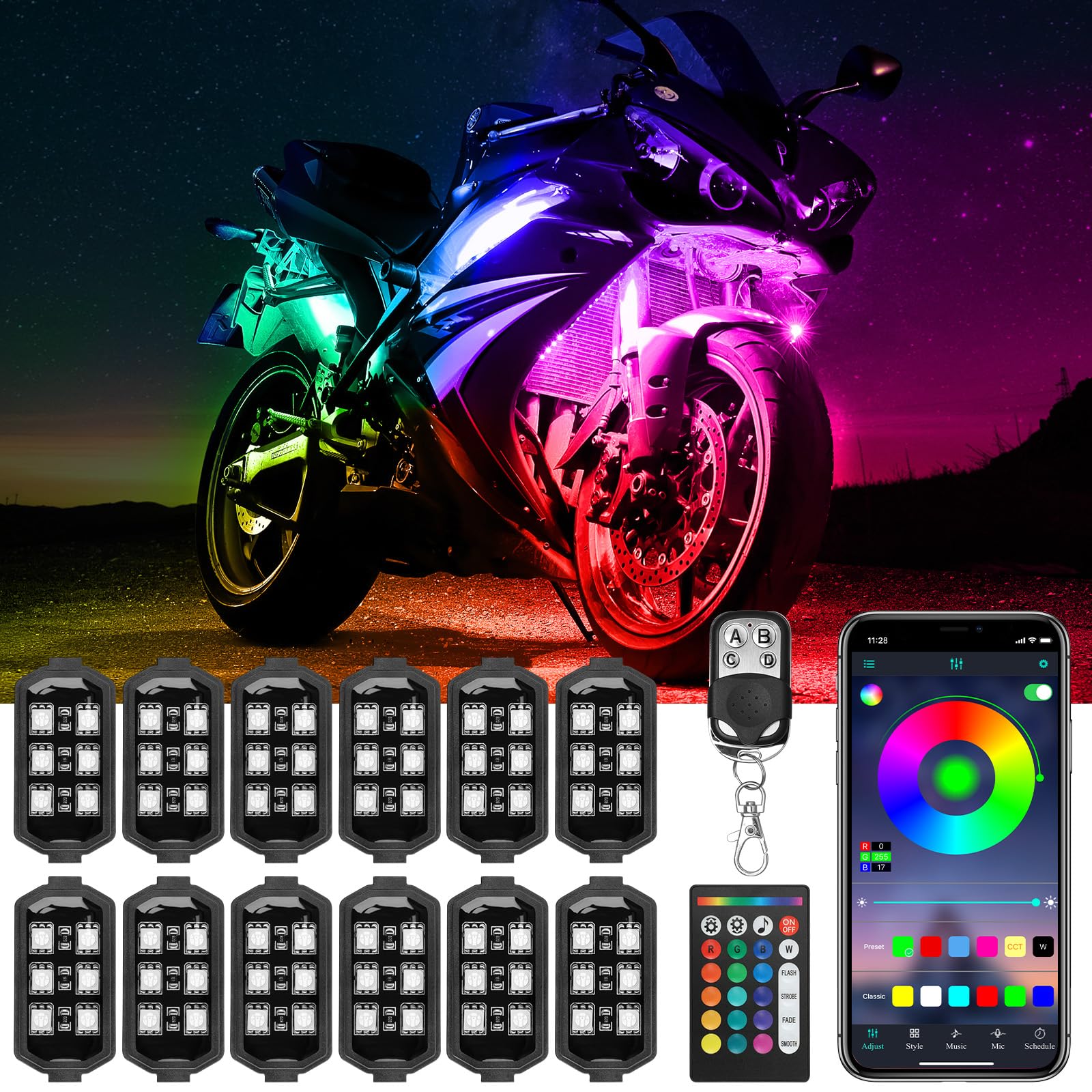 Motorcycle LED Underglow Kit, ICICAR 12 Pcs APP Control RGB 16 Million Color Dual Remote Music Mode IP68 Waterproof Led Lights, Motorcycle Lights with