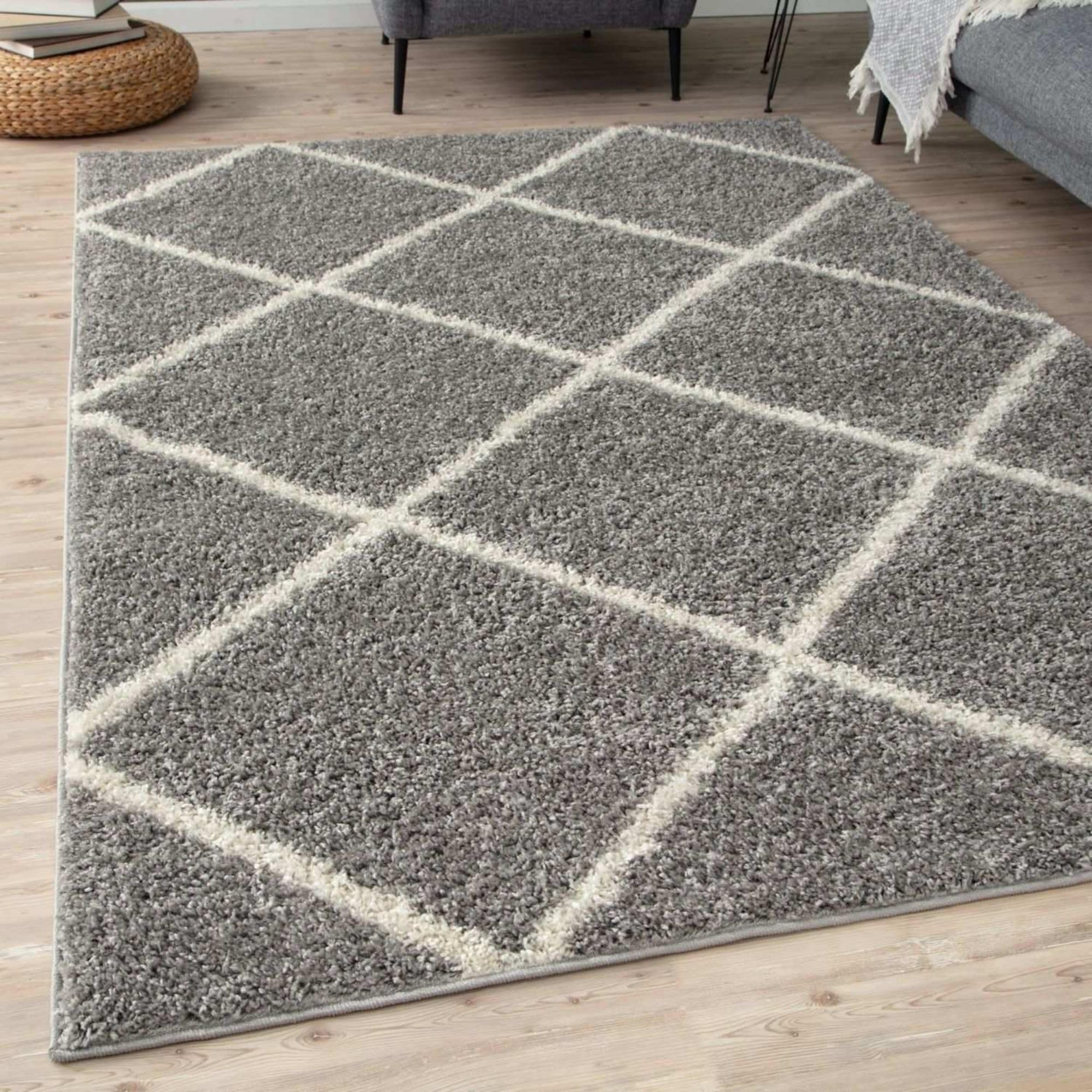 THE RUGS Shaggy Rug – Modern Moroccan Design Rugs for Living Room, Bedroom, Hallway, 30 cm Thick Area Rugs, (Diamond Grey/Ivory, 240x340cm)
