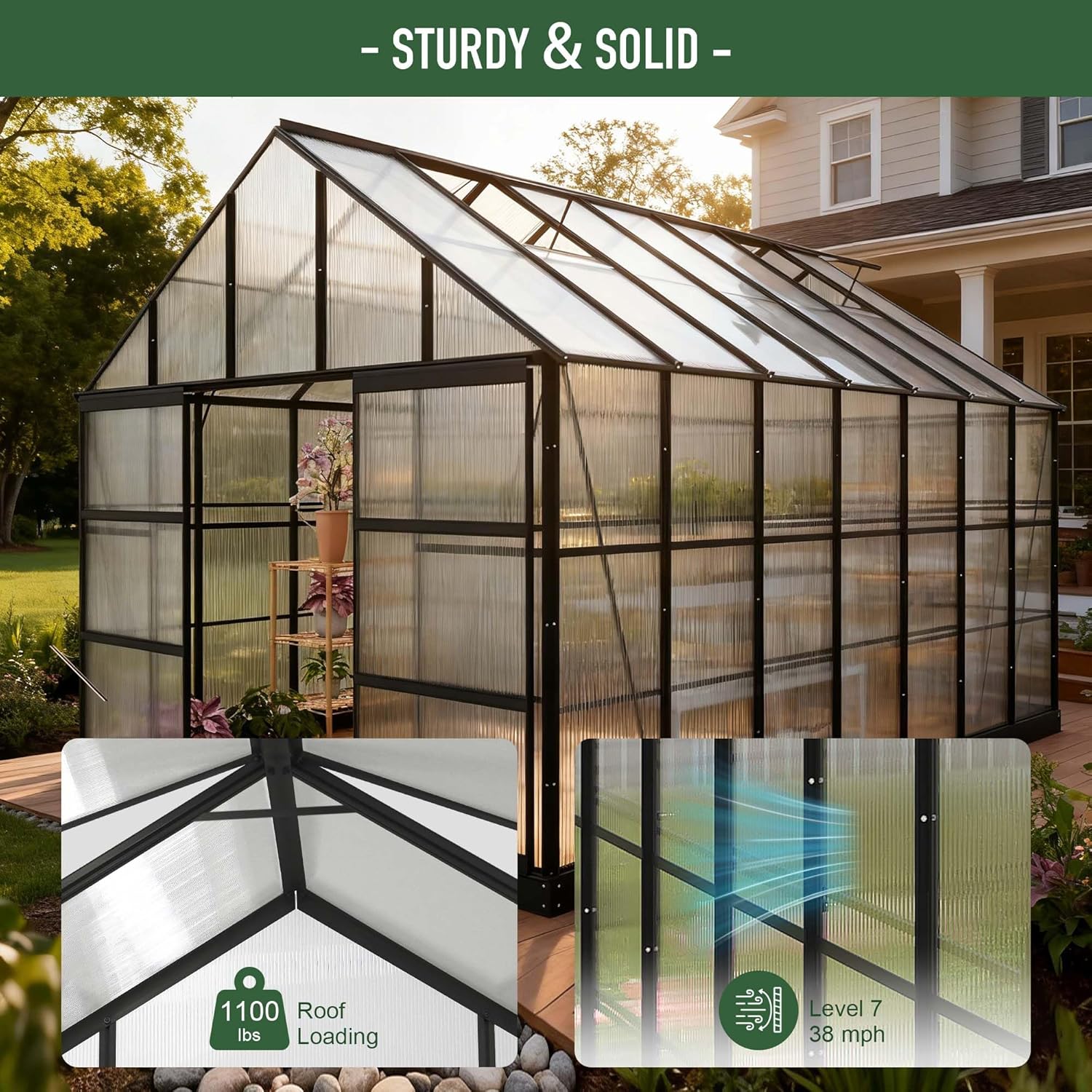 16 x 10 ft Greenhouse, Walk-in Greenhouse for Outdoor, Aluminum Heavy Duty Greenhouses with 4 Roof Vent Windows for Garden, Patio and Backyard (White, 16x10x10)