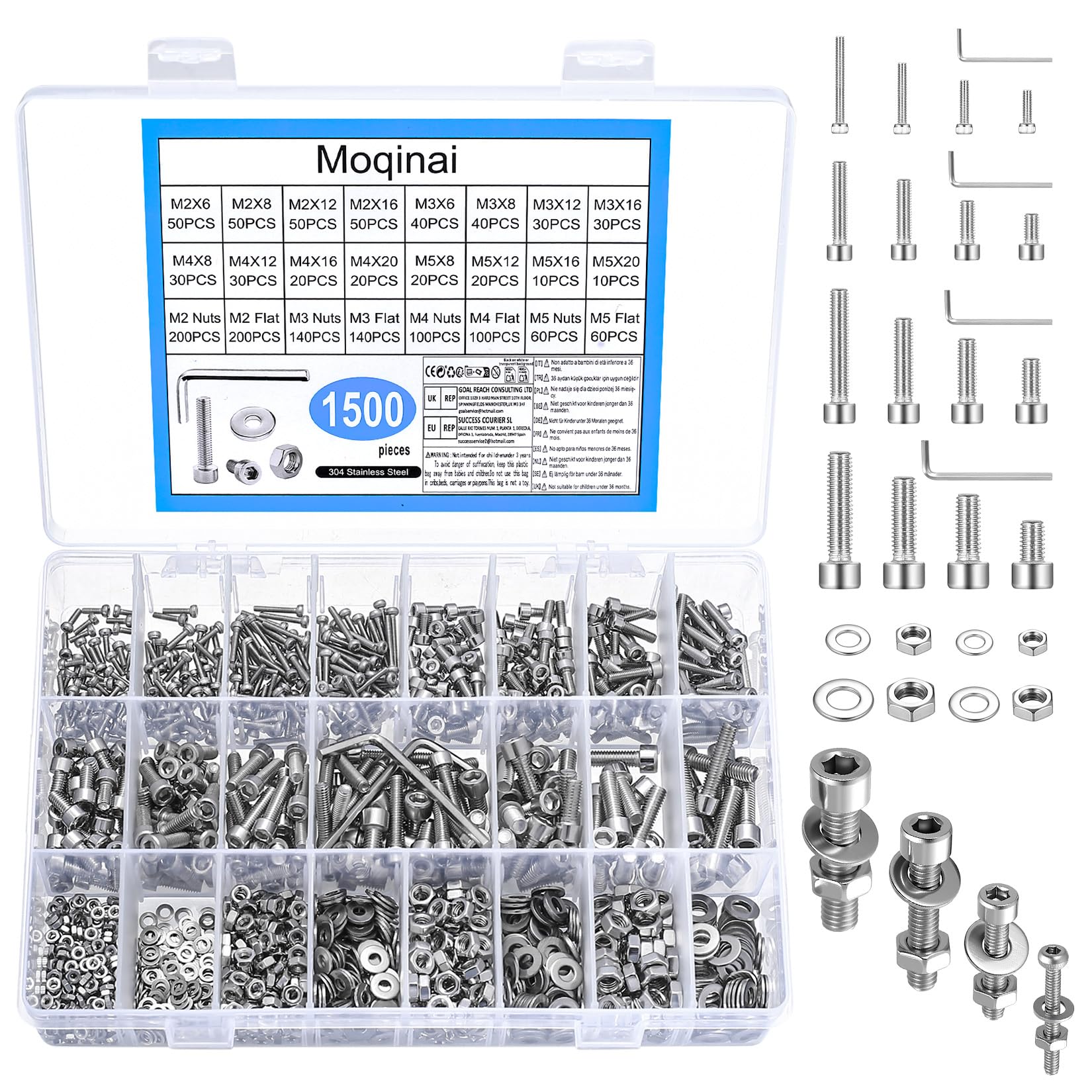 1500 Pcs M2 M3 M4 M5 Stainless Steel 304 Socket Head Cap Screw Set, Metric Allen Bolts with Nuts & Washers, A2 Rust Resistant Machine Screw Assortment Kit