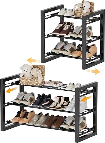 Homeiju Zapatero expandible, estante de zapatos de metal de 3 niveles, soporte ajustable para zapatos, botas, tacones, organizador de zapatos de pie