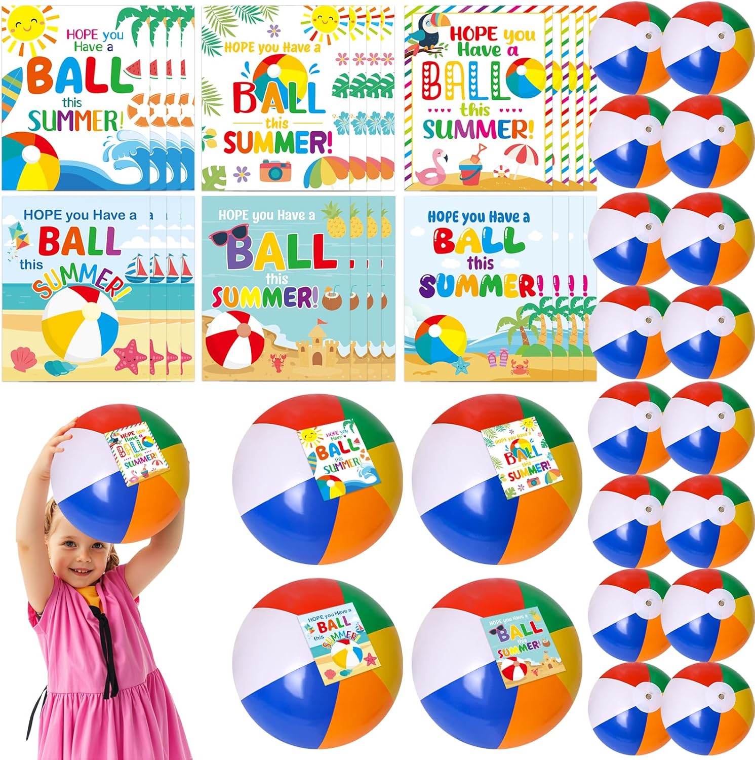 Fancy Land End of Year Student Gifts for Kids Beach Balls Bulk 24 Pack with Cards Kindergarten Preschool Graduation Gifts for Students from Teacher Summer Beach Party Favors