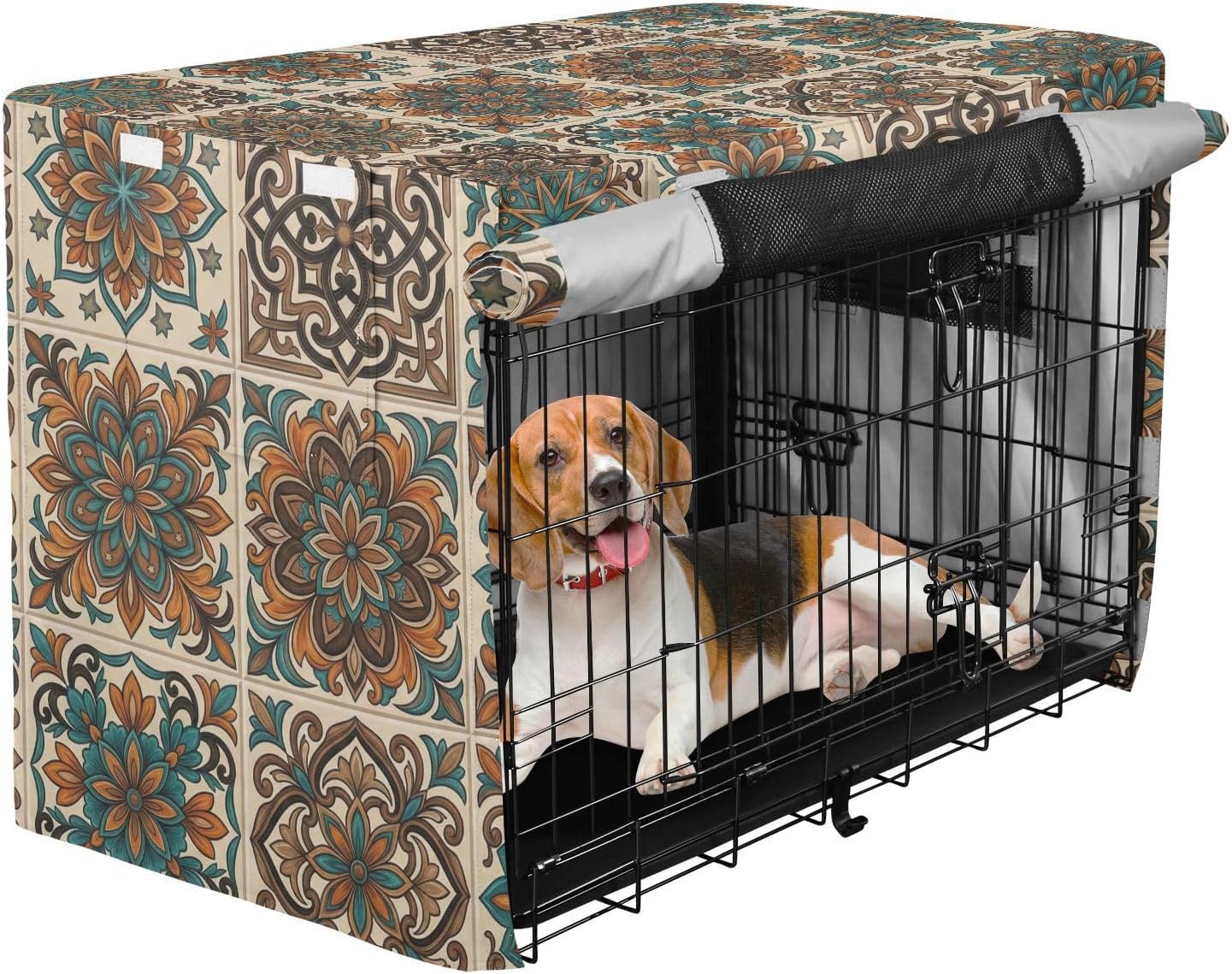 Duty 600D Silver Coated Dog Crate Cover, Water-Resistant Retro Pattern Pet Kennel Canopy with Mesh Windows for Optimal Ventilation, Universal Fit for Standard Wire Cage, Indoor & Travel