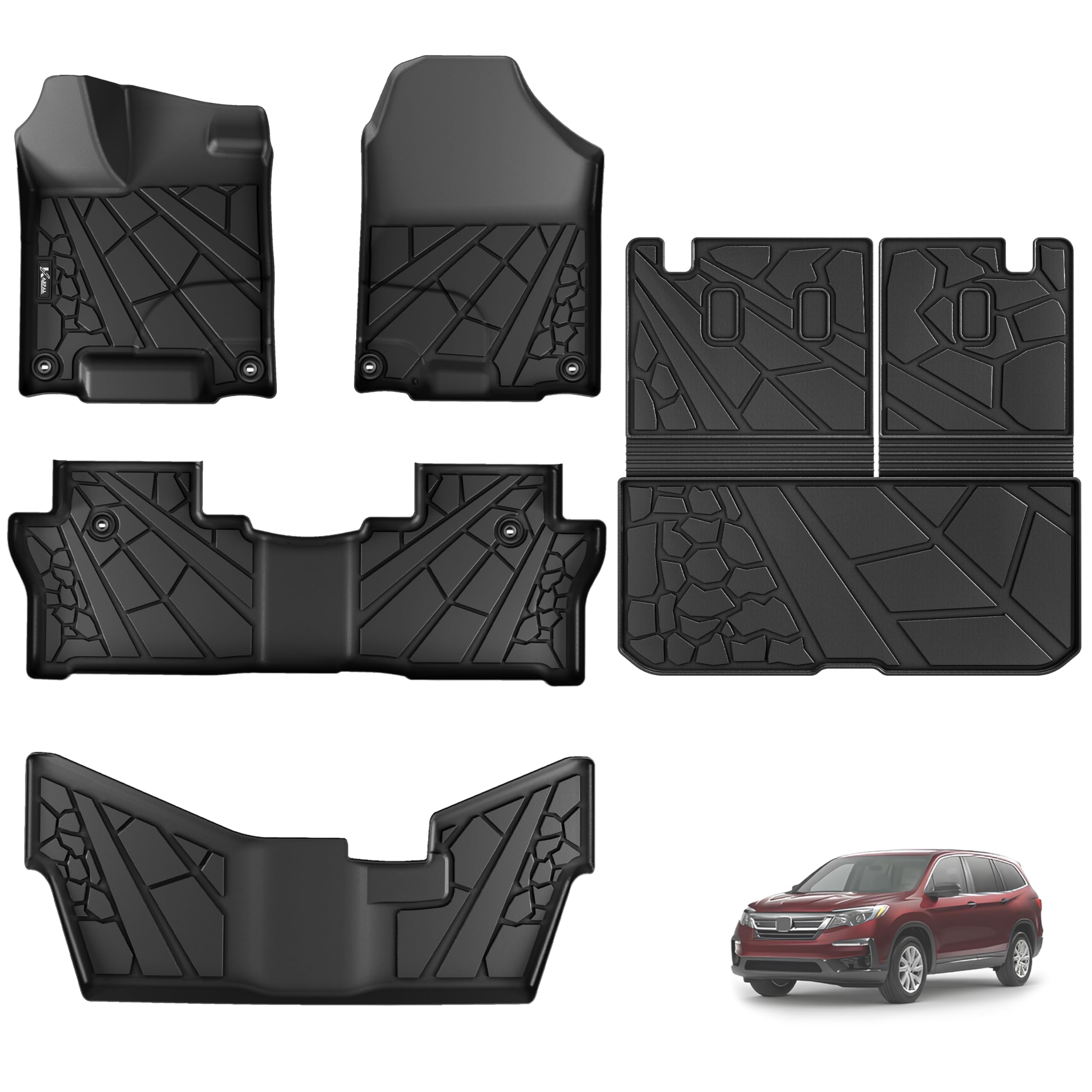 KARPALFloor Mats for Honda Pilot 2016-2022 (8 Seats, No Elite Models), All Weather Protection TPE Floor Liners Accessories Car Mats, Front & 2nd Row & Backrest Mat & Cargo Liner