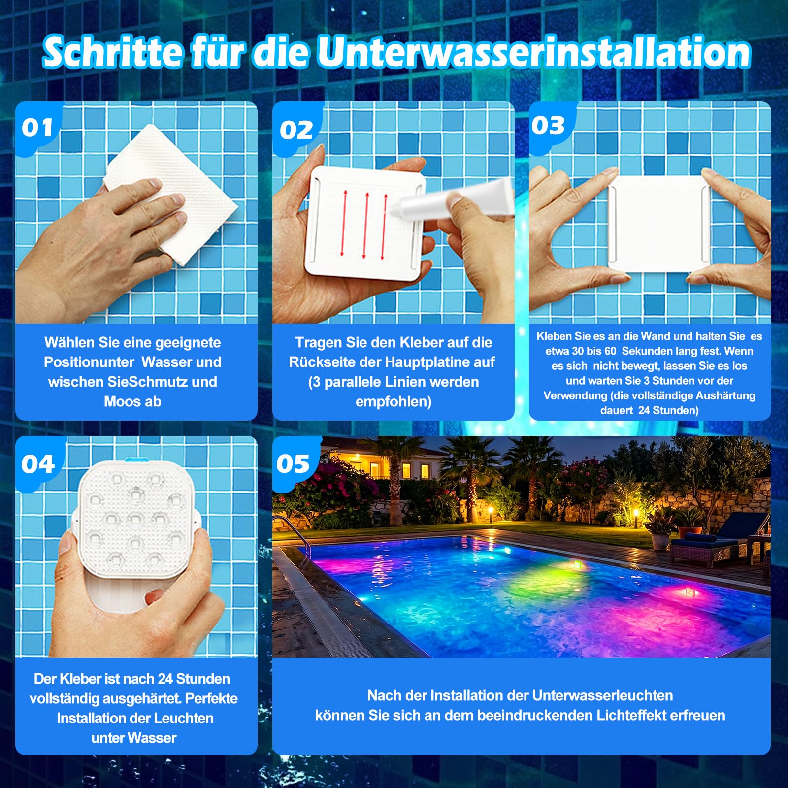 Poolbeleuchtung Unterwasser LED Licht mit Fernbedienung, RGB Farbwechsel Wiederaufladbare Pool Beleuchtung, IP68 Wasserdichte Pool Lampe für Schwimmbad Whirlpoolb Teich Party Garten, 2 Stück