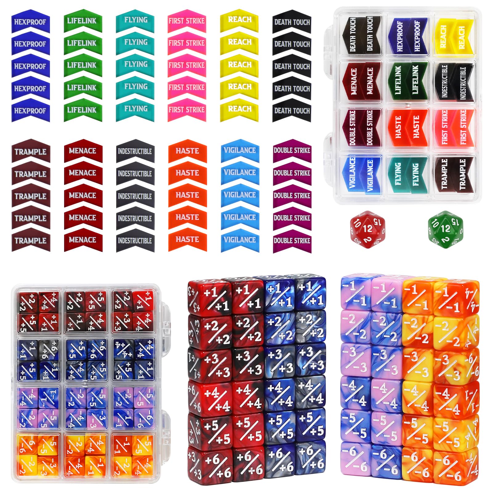 FIGURESLAB 110PCS MTG Keywords Tokens & 12mm Dice Counter for Magic The Gatering, Bulk Ability Tokens MTG Life Counters D20 Loyalty 6 Sided Dice, Compatible with TCG CCG Magic Card Gaming Accessories