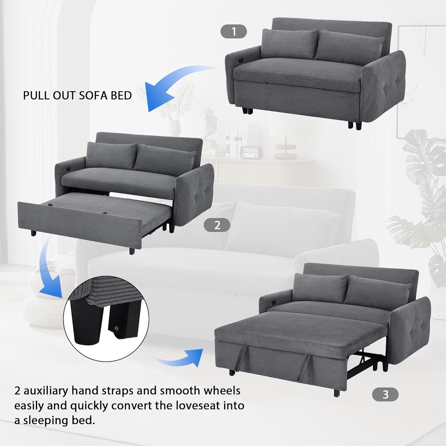 57" Pull-Out Sofa Bed Convertible Loveseat Couch Adjustable Backrest Modern Corduroy Sleeper Sofa, with Two Throw Pillows and USB Ports for Living Room Bedroom (Dark Grey)