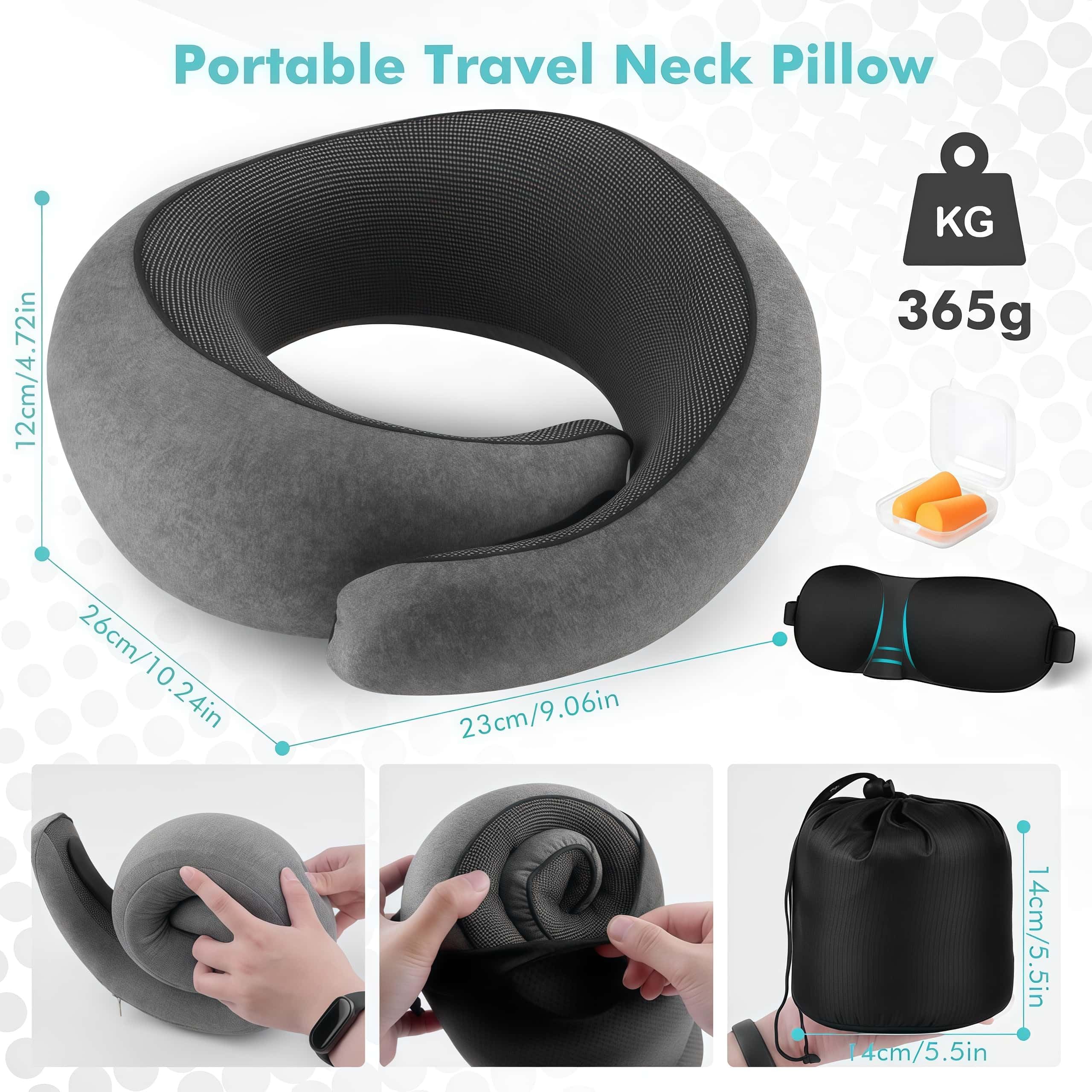Nomadike NOMAREST | Memory Foam Travel Pillow – mousse mémoire haute densité lavable et compact – Idéal pour vos déplacements et vacances. (Gris,Oreiller + masque de sommeil + bouchons d'oreilles)