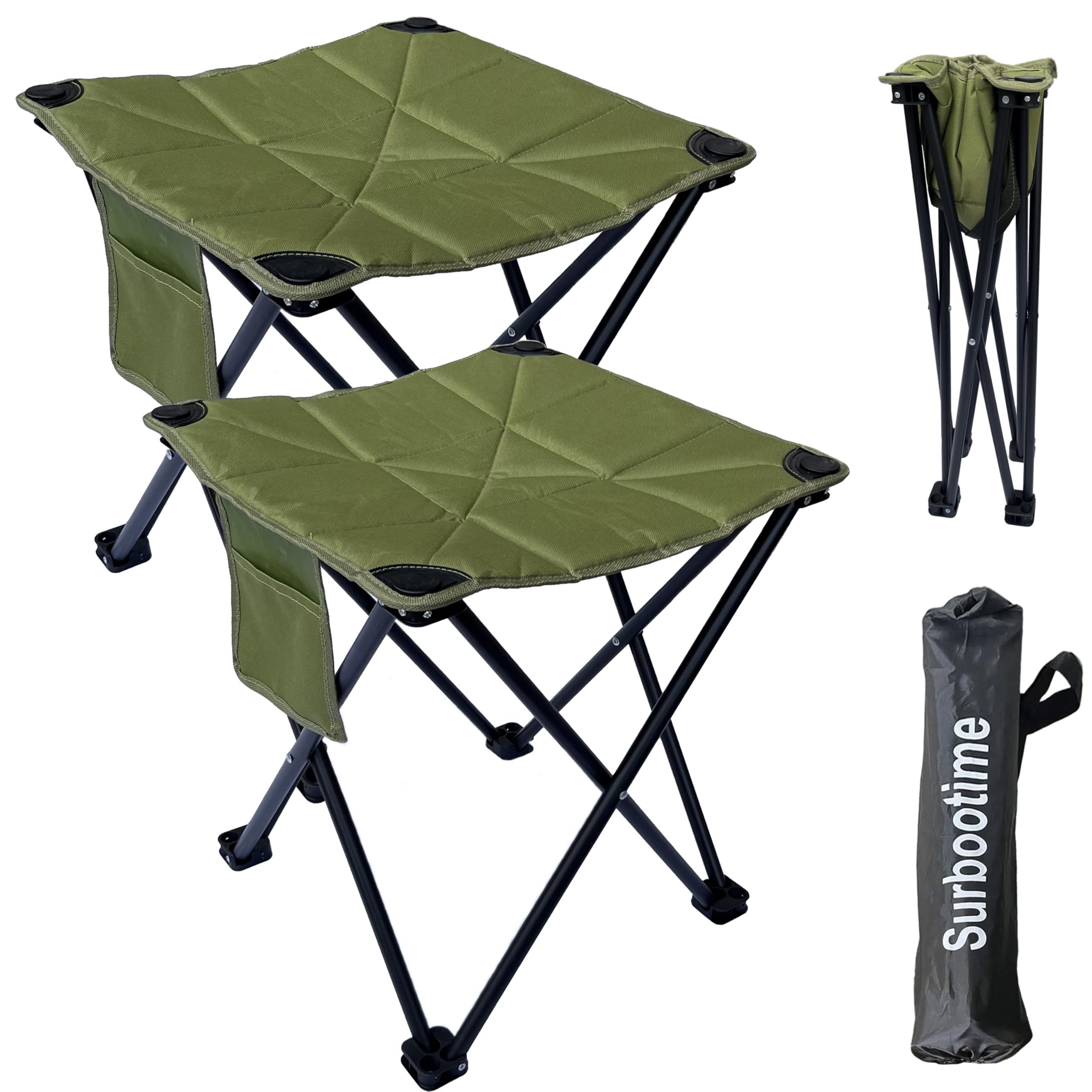 Portable folding camping stool, cotton lining, 2 pieces 17*17*18 inches, soft outdoor seat with side pockets, extra-large footstool, suitable for fishing, picnics, beach barbecues, hiking(olive green）