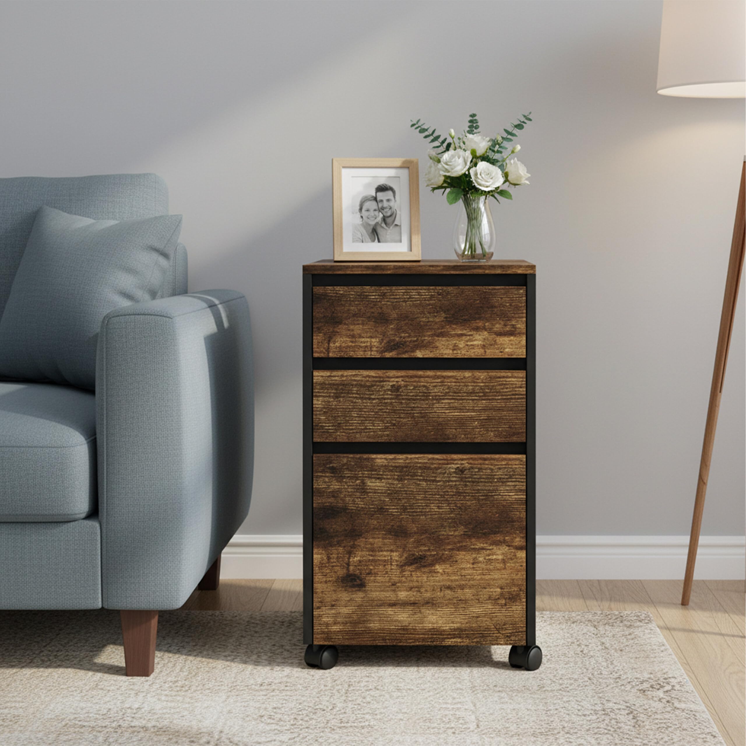 Relaxdays cassettiera con Ruote, 3 cassetti, 1 cassetto sospeso per A4, AxLxP: 70 x 40 x 40 cm, Nero/Marrone