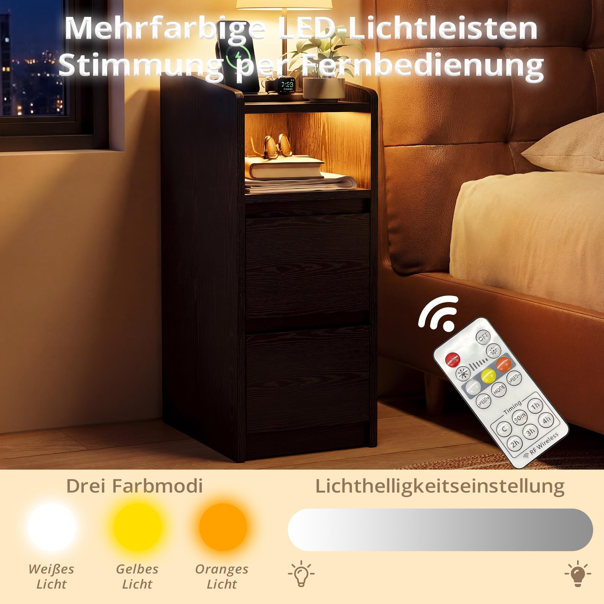 IRONCK Nachttisch Schmal, Beistelltisch mit Ladestation und LED, Bedside Table mit Offenem Fach, für Schmale Räume Schlafzimmer, Wohnzimmer, Schwarz