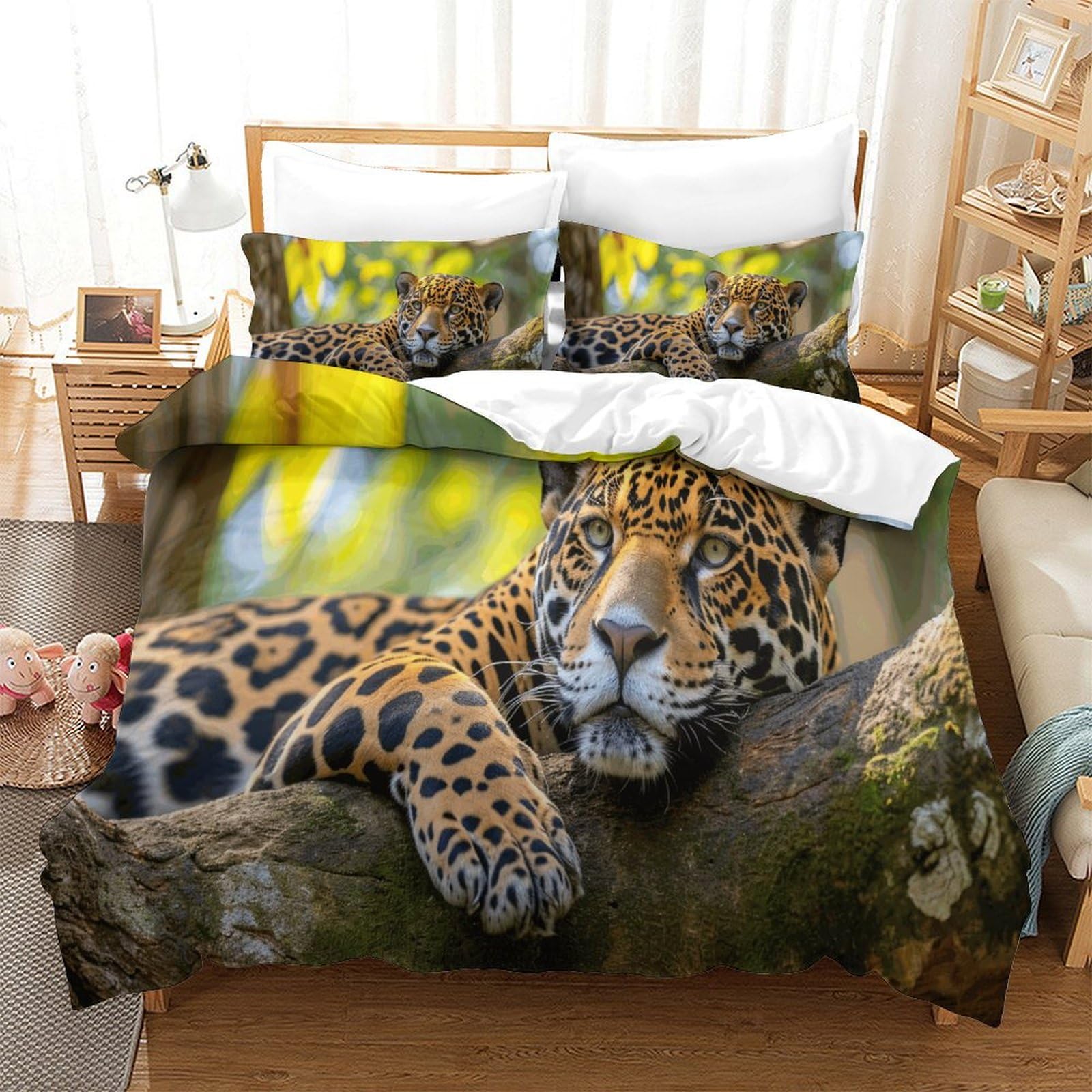 P1s9u7w5y Jaguar-8 3D Printed Wild Leopard 3Pcs Microfiber Duvet Cover Set Jungle Bedding Set Double（200X200cm）