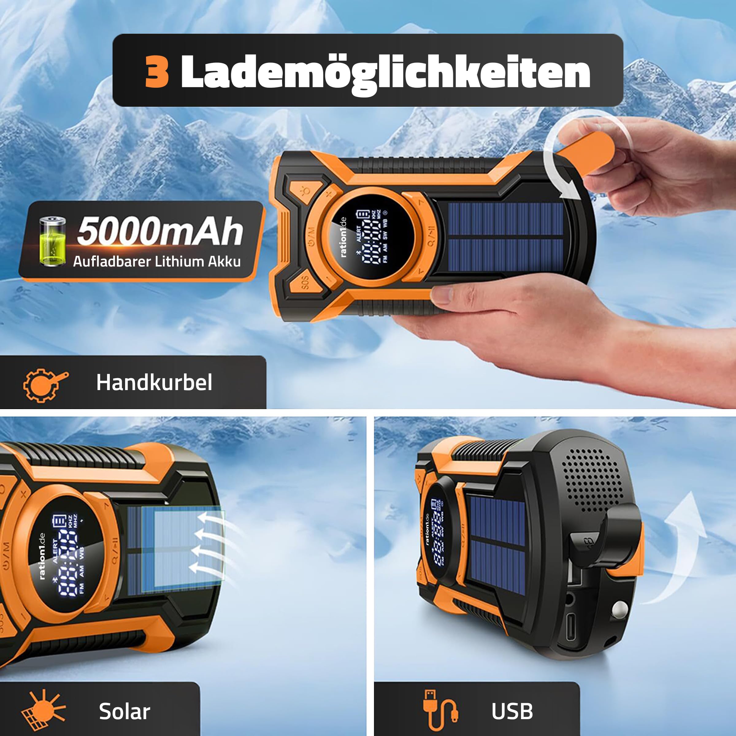 ration1 Kurbelradio mit Solar und Powerbank – Notfallradio mit 5000 mAh, Bluetooth, SOS-Alarm & LED Taschenlampe | AM/FM/WB | IPX5 Spritzwasserfest | Stoß- & Staubgeschützt | Camping Outdoor Blackout