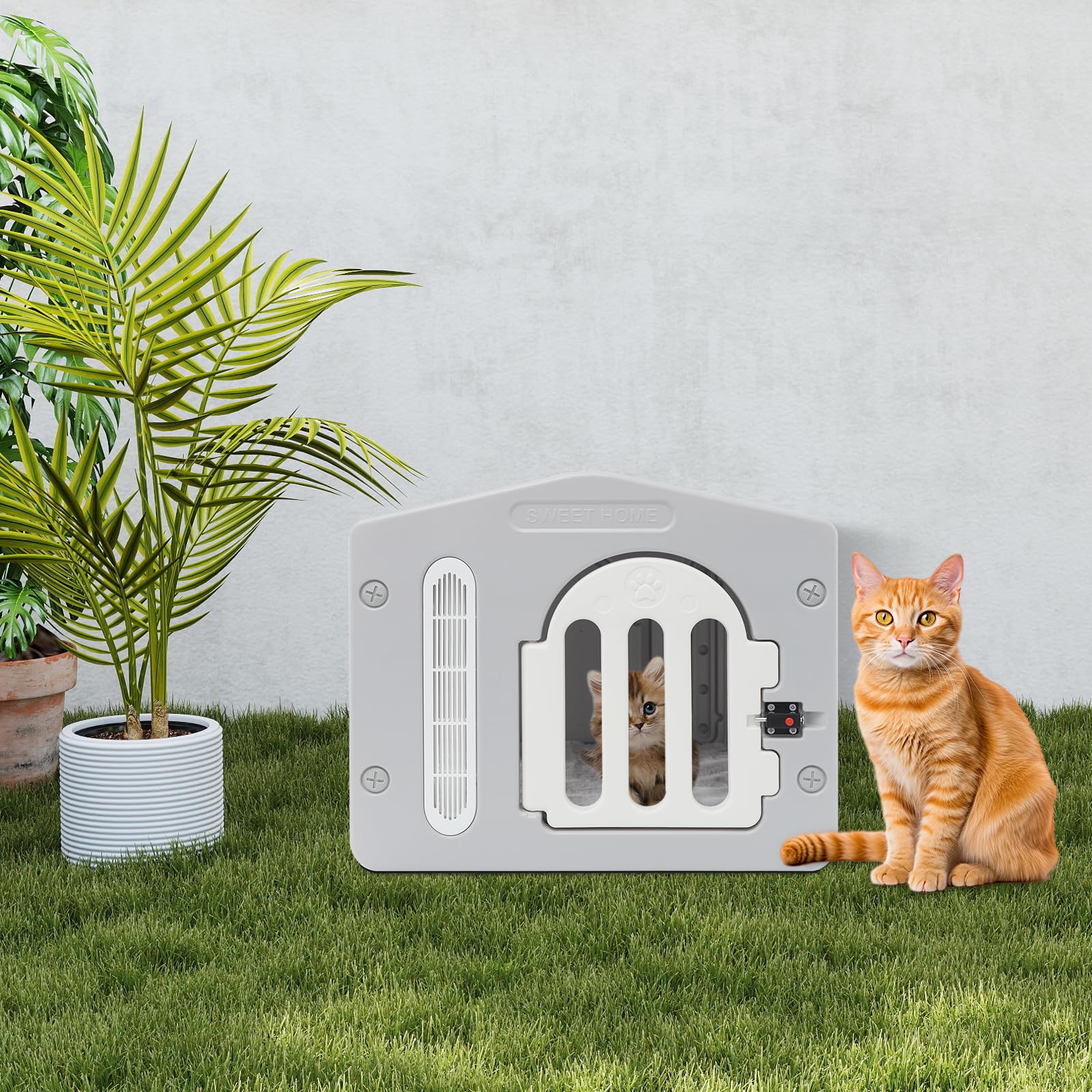 Maison pour chat d'extérieur - Robuste - Avec serrure de porte à bouton pression pour l'intérieur et l'extérieur - Niche confortable avec coussin pour chat et ventilation - 52 x 40 x 45 cm