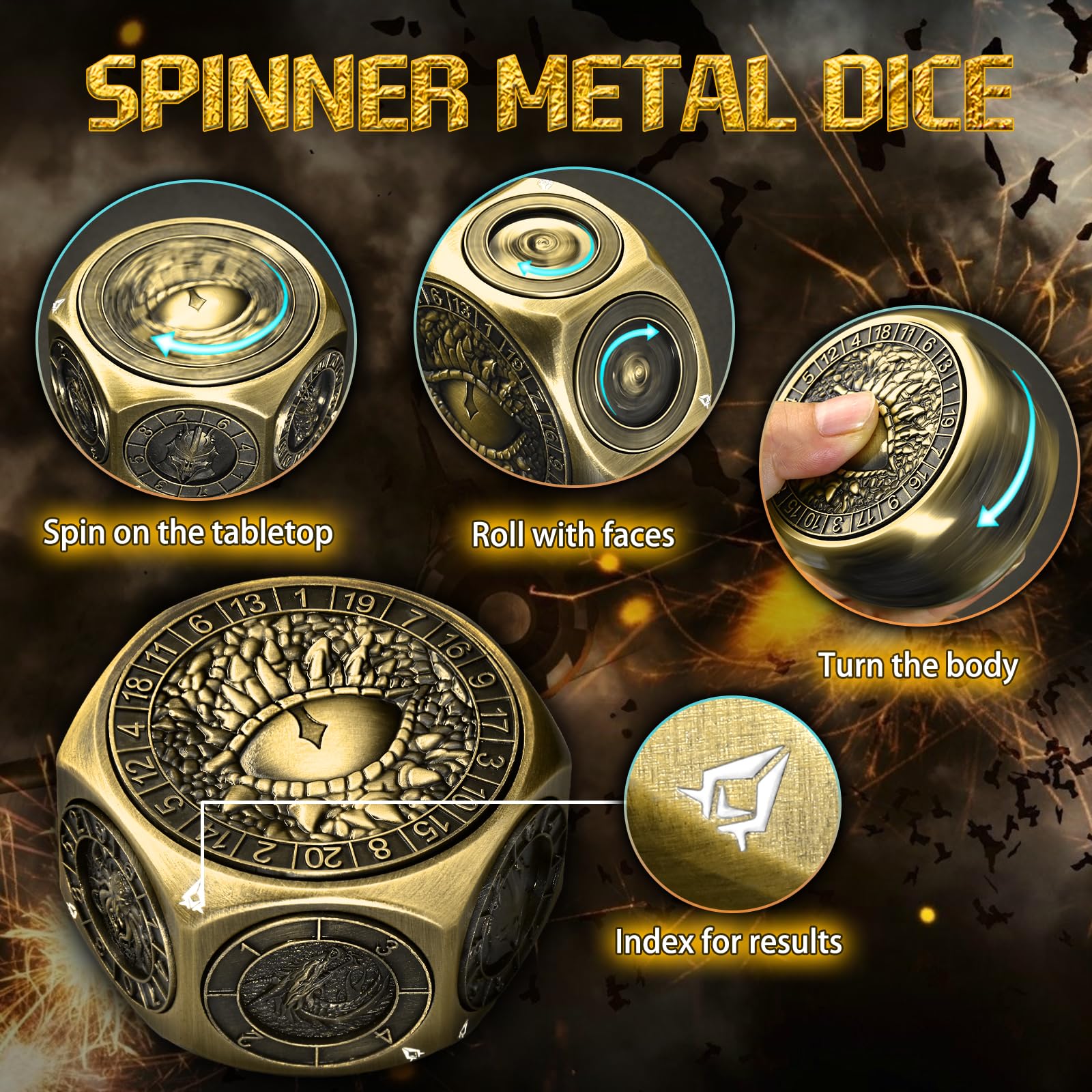 ZHOORQI 8-in-1 DND Würfel Set, Metall-Spinner-Würfel mit Zwei D20, 3D-Monster und leichtgängigem Drehmechanismus – Ideal für Rollenspiele, D and D(Dungeons and Dragons) Dice Geschenk(Black Bronze)