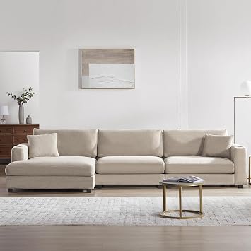 134 * 54 Oversized Corduroy Sectional Sofa,L Shaped Cloud Couch with USB Charging Port,Cup Holder,Deep Seat Sofa Bed with 50 Chaise,Comfy Indoor Furniture for Living Room,Khaki