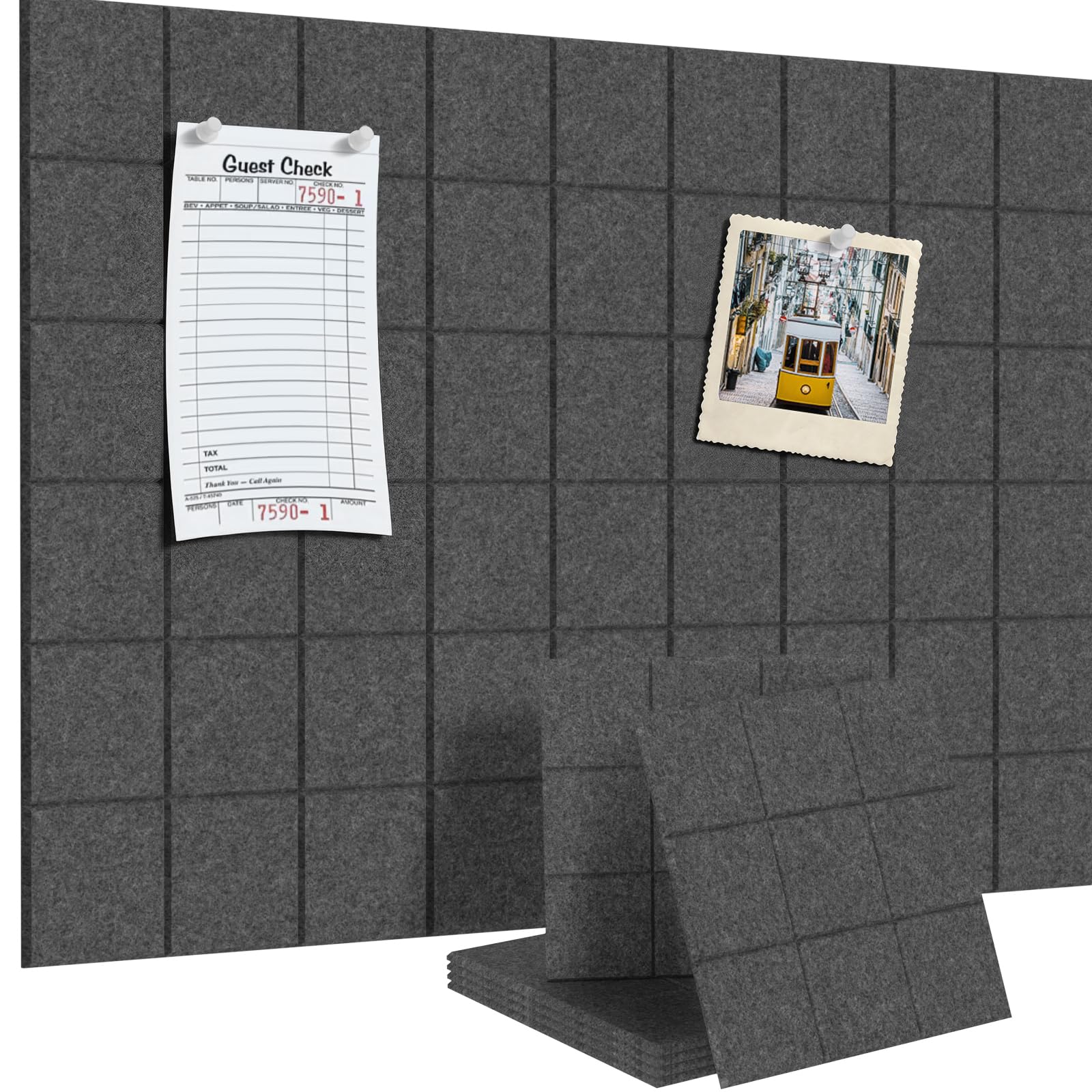 Toptople Large Cork Board for Walls 90x60 cm, 6 Pack Felt Pin Board with Push Pins for Office, Felt Wall Tiles Bulletin Board for Photos, Dark Grey